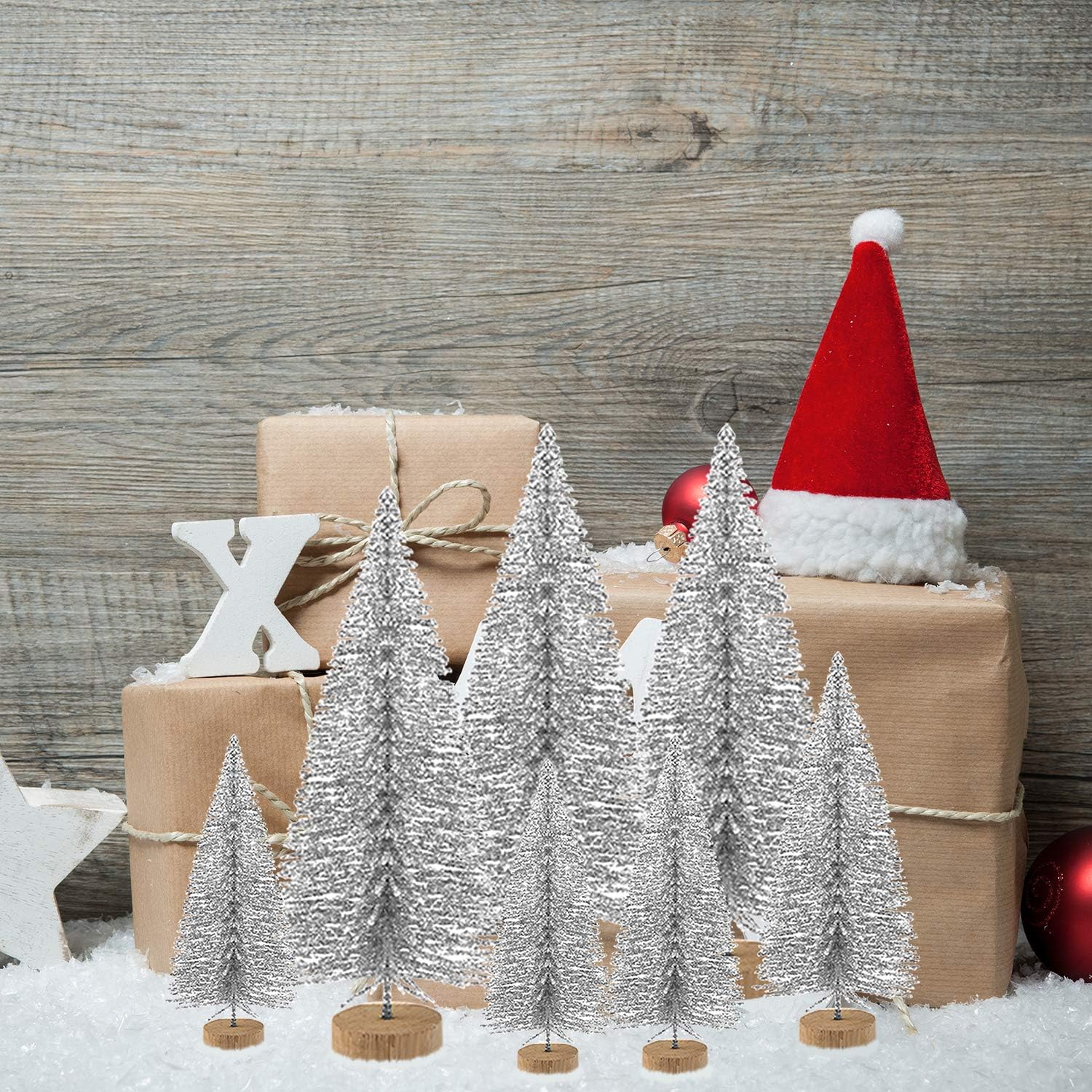 KUUQA 60 Pcs Mini Christmas Trees Bottle Brush Trees Tabletop Trees for Christmas House Decoration Diorama Models Christmas Village Accessories (Silver), Small Size Trees