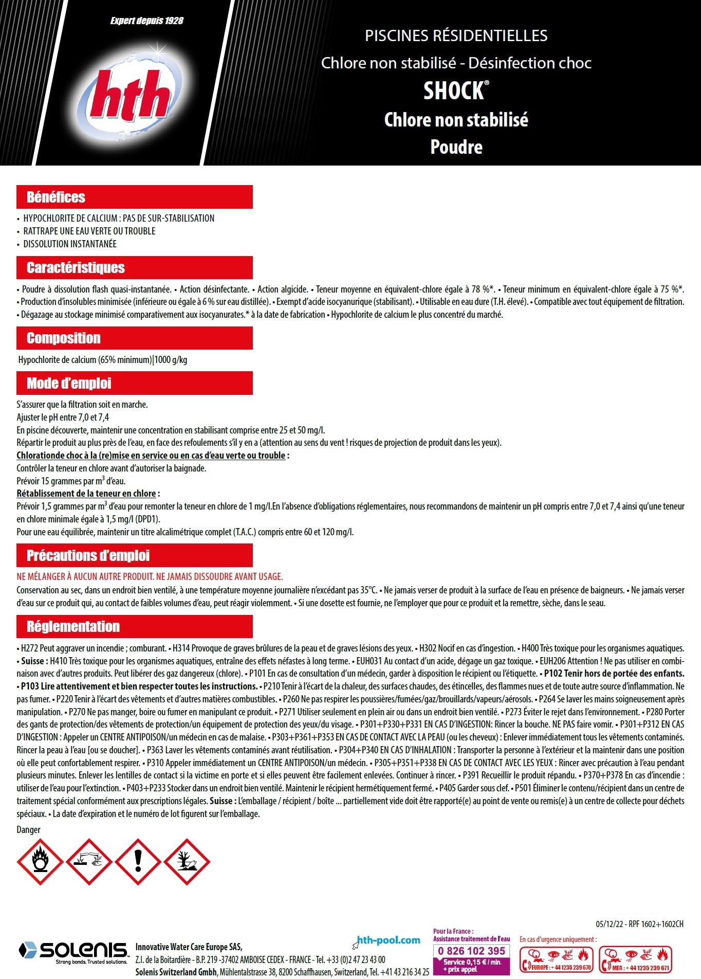 HTH Shock Poudre - 4kg | Chlore Choc Non Stabilisé - Désinfection Choc - Hypochlorite de Calcium à Dissolution Rapide + 10 Tests HPS OFFERTS 6 en 1