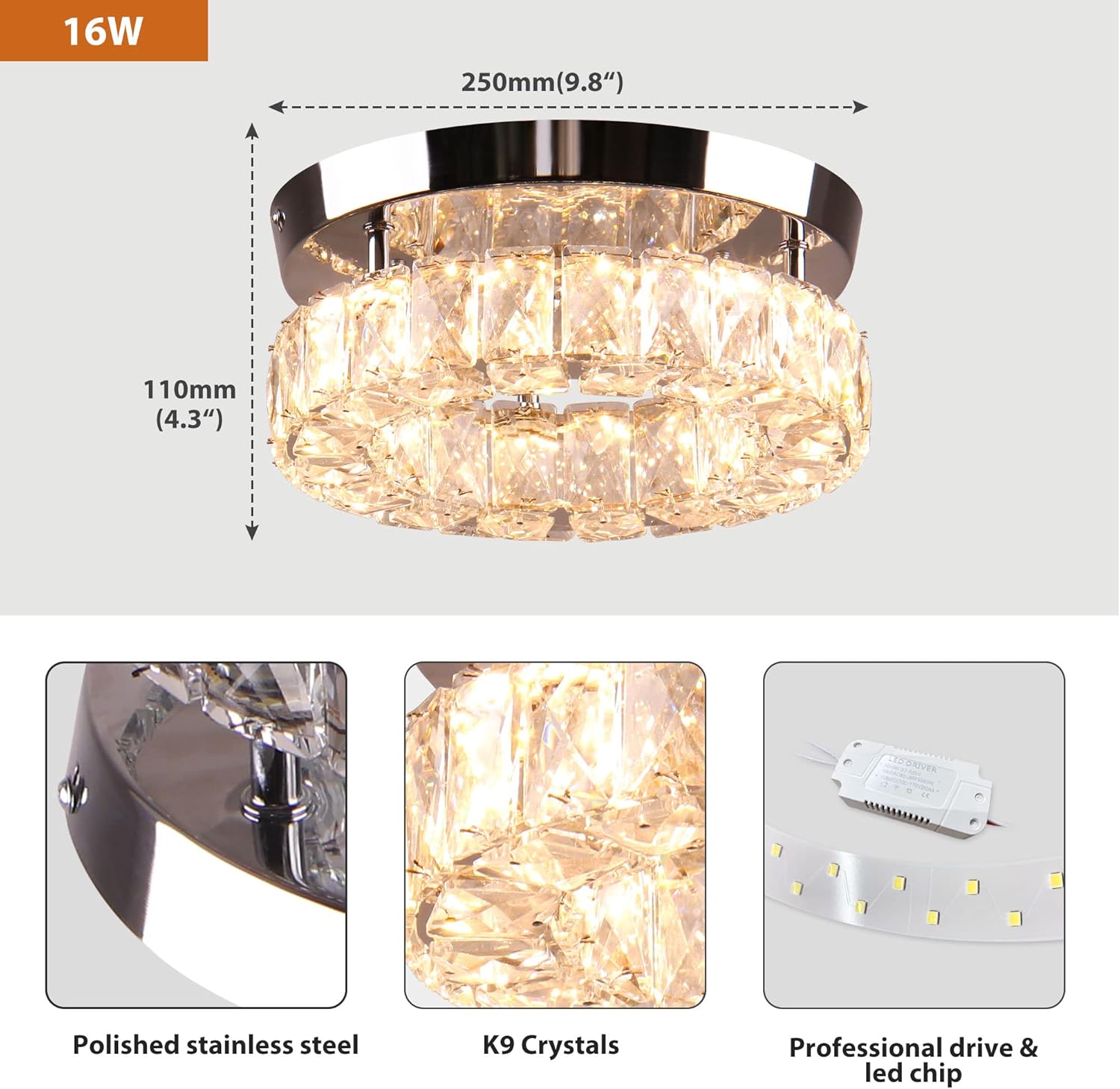 9.8" Modern Mini LED Crystal Chandelier Round Crystal Ceiling Light Flush Mount Light Fixture Small Ceiling Light for Hallway Foyer Kitchen Closet Warm White