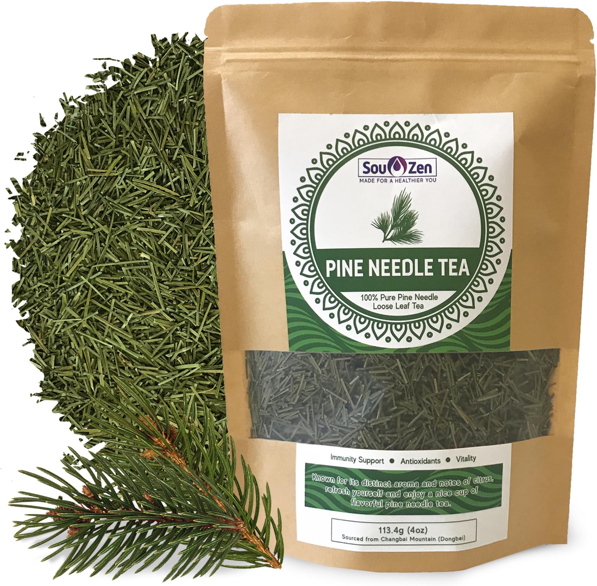 Sou Zen Pine Needle Tea Loose Leaf 4oz | Korean Pine Needle Herbal Tea from Changbai Mountains | Caffeine Free Loose Leaf Tea | Raw, Non-GMO, No Preservatives | Resealable Bag