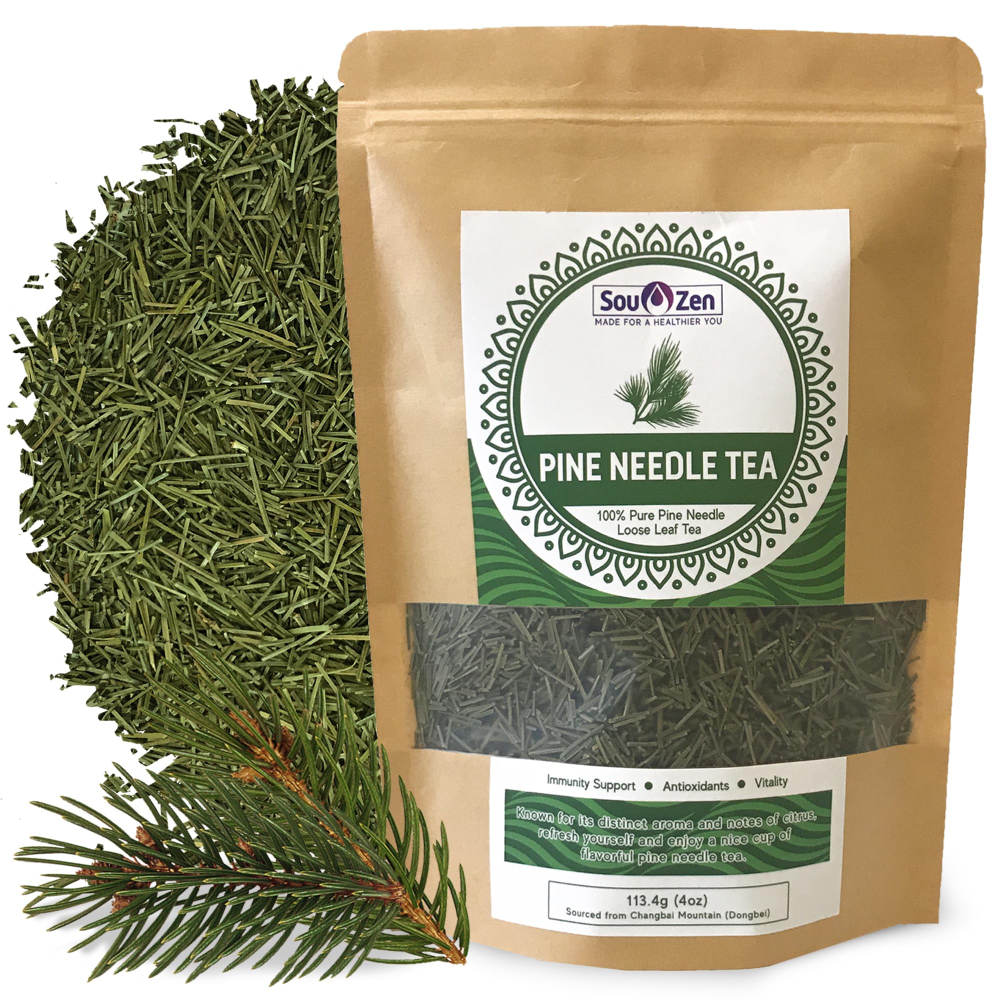 Sou Zen Pine Needle Tea Loose Leaf 4oz (113g) | Premium Quality Wild from Korean Pine Tea Leaves | Raw, Non-GMO and Caffeine-Free | Herbal Tea with No Preservatives | Chinese Medicinal Herb