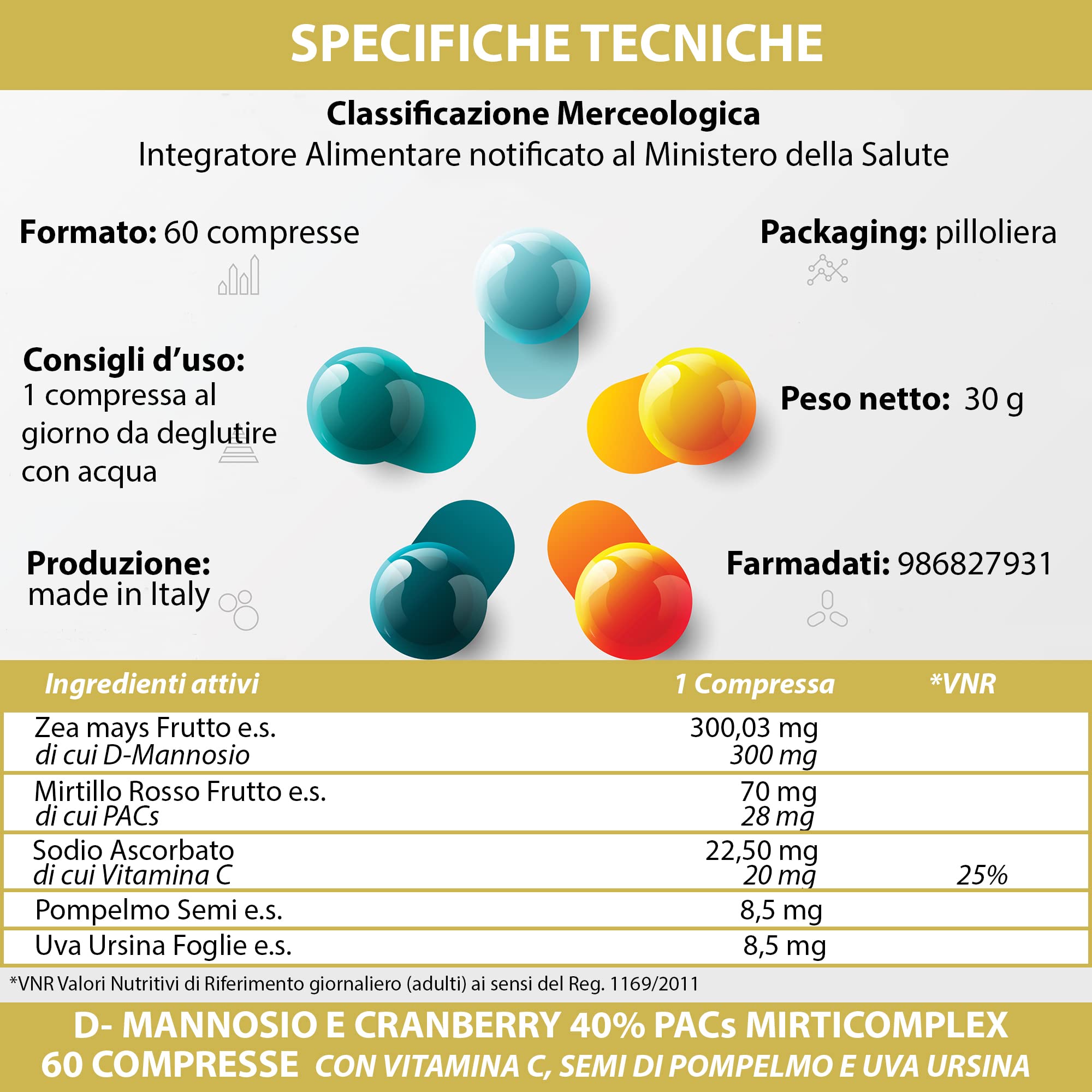 D - Mannosio e Cranberry 40% PAC Mirti Complex con Semi di Pompelmo, Uva Ursina e Vitamina C | 60 compresse 1 al dì | Mirtillo Rosso ad Alto Dosaggio