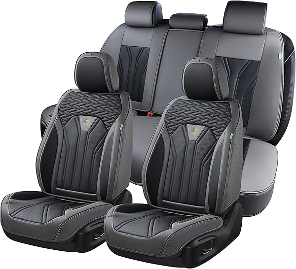 FLORICH Leather Seat Covers, Seat Covers Full Set, Car Seat Protectors 5 Seats, Automotive Seat Covers Fit for Most Cars Trucks SUV- Gray&Black