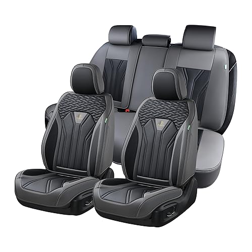 FLORICH Leather Seat Covers, Seat Covers Full Set, Car Seat Protectors 5 Seats, Automotive Seat Covers Fit for Most Cars Trucks SUV- Gray&Black