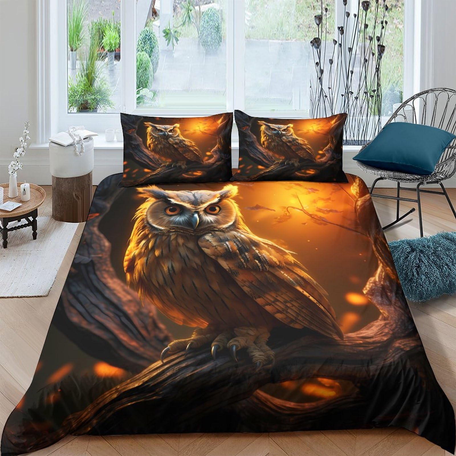 Ctjqhvkz Style-5 3D Printed Fiery Owl Fitted Sheet Microfiber Soft Anti-Slip Forest Glow Mattress Cover For Bedroom Dorm Decor Single（135X200cm）