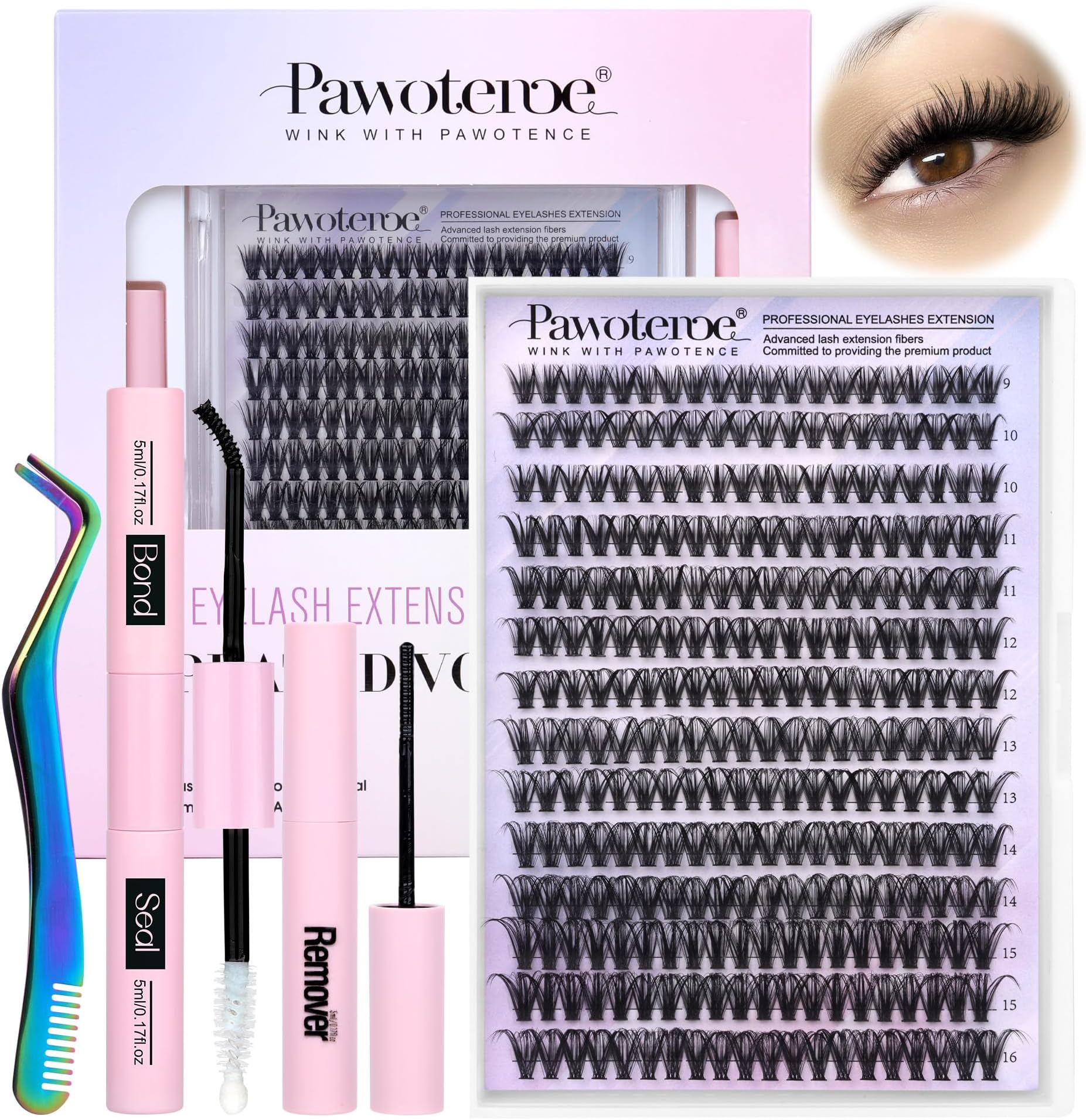 Pawotence Lash Extension Kit DIY 280pcs Individual Lash Clusters Kit 9-16mm 40D Cluster Eyelash Extension Kit with Lash Bond and Seal, Lash Remover, Lash Tweezers for Self Use (40D, 9-16mm, All Kit)