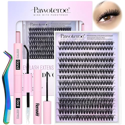 Pawotence Lash Extension Kit DIY 280pcs Individual Lash Clusters Kit 9-16mm 40D Cluster Eyelash Extension Kit with Lash Bond and Seal, Lash Remover, Lash Tweezers for Self Use (40D, 9-16mm, All Kit)