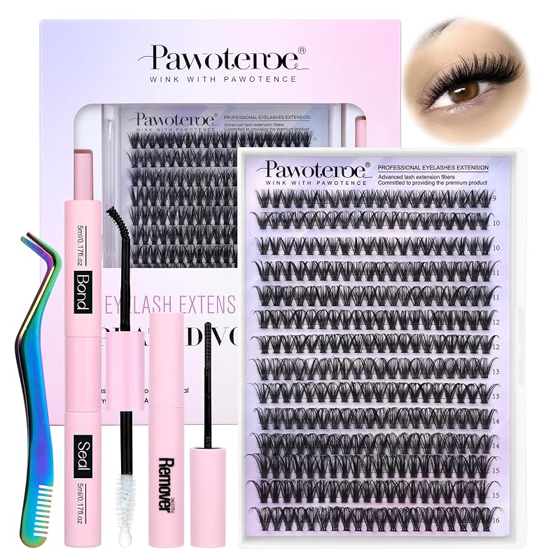 Kit de cílios postiços em tufos Pawotence 280 unidades 40D, 9–16 mm, com cola, selante, removedor e aplicador