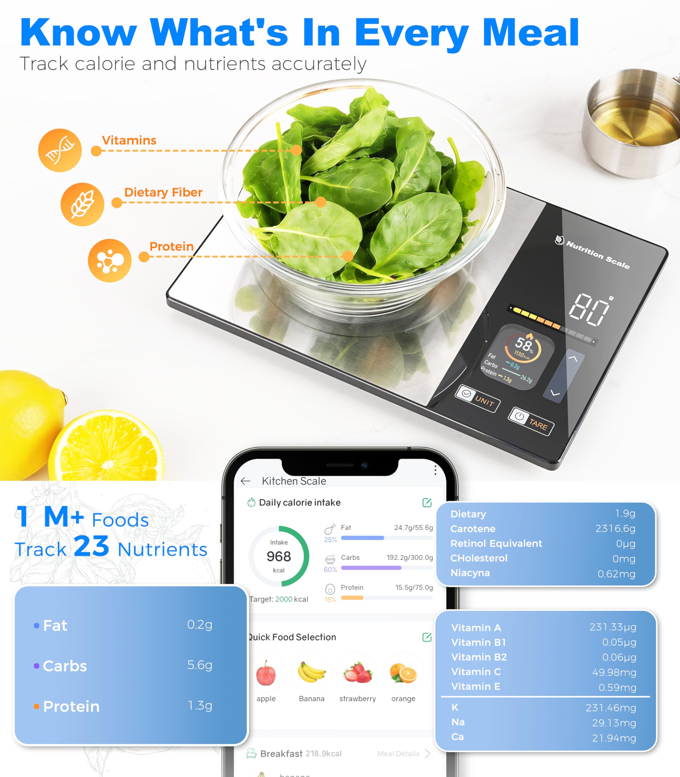 Intelligente Lebensmittelwaage mit Ernährungsrechner, Kalorienwaage zur Gewichtsreduktion, schnelle Lebensmittelauswahl und 23 Nährstoffverfolgung, Farbdisplay mit 5 Einheiten, Tare, Edelstahl