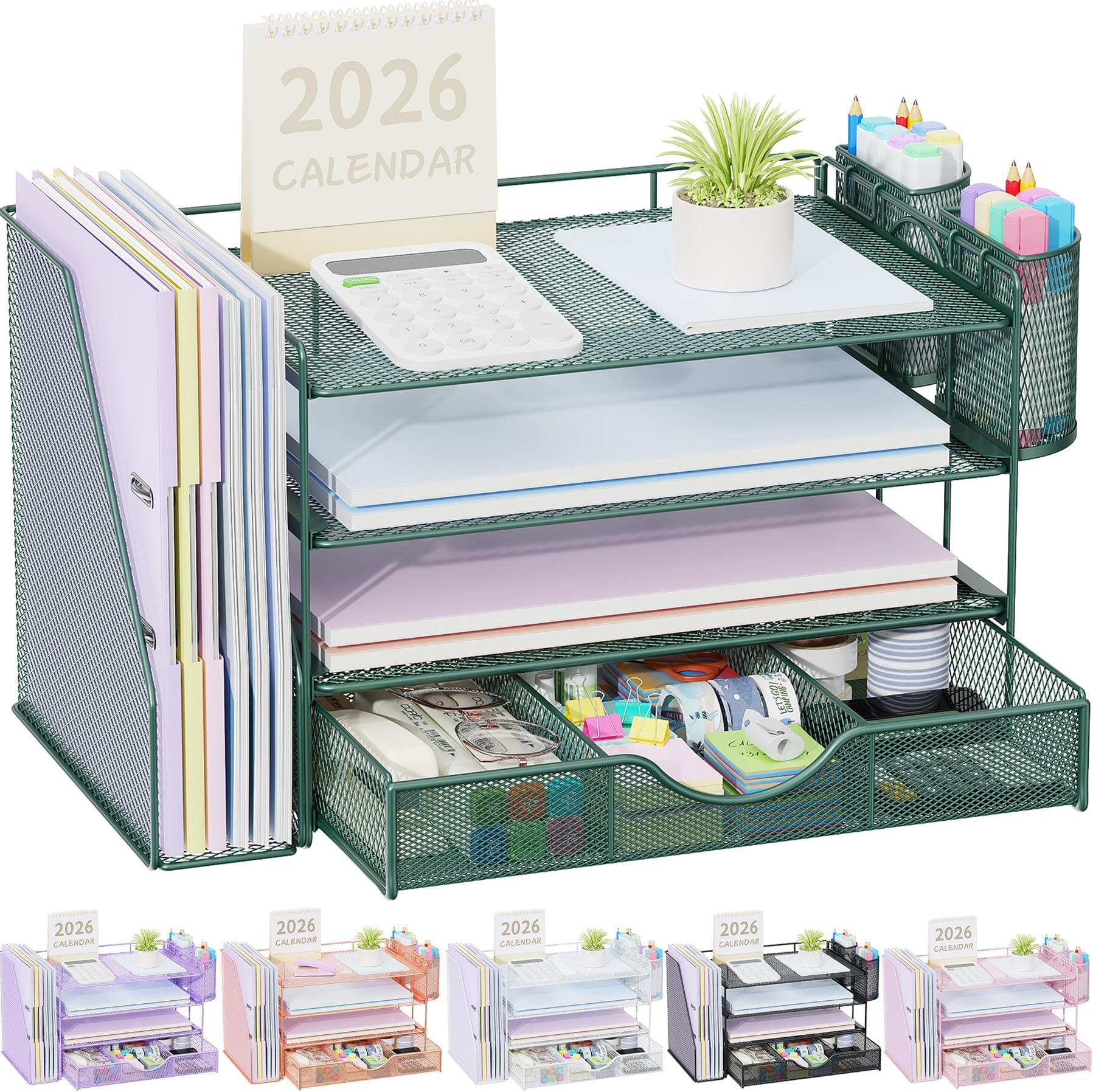 gianotter 4-Tier Desk Organizer with Drawers, File Holders, Letter Trays and Pen Holders - Workspace Accessories for Office Supplies (Green)
