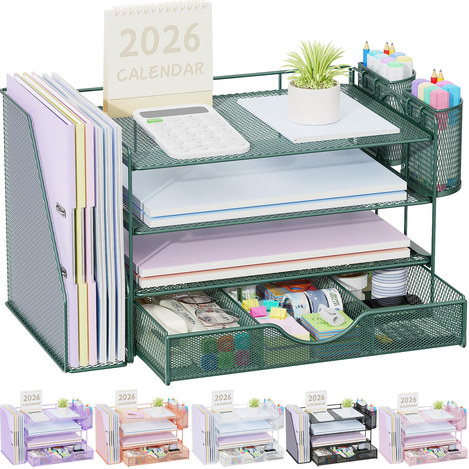 gianotter 4-Tier Desk Organizer with Drawers, File Holders, Letter Trays and Pen Holders - Workspace Accessories for Office Supplies (Green)