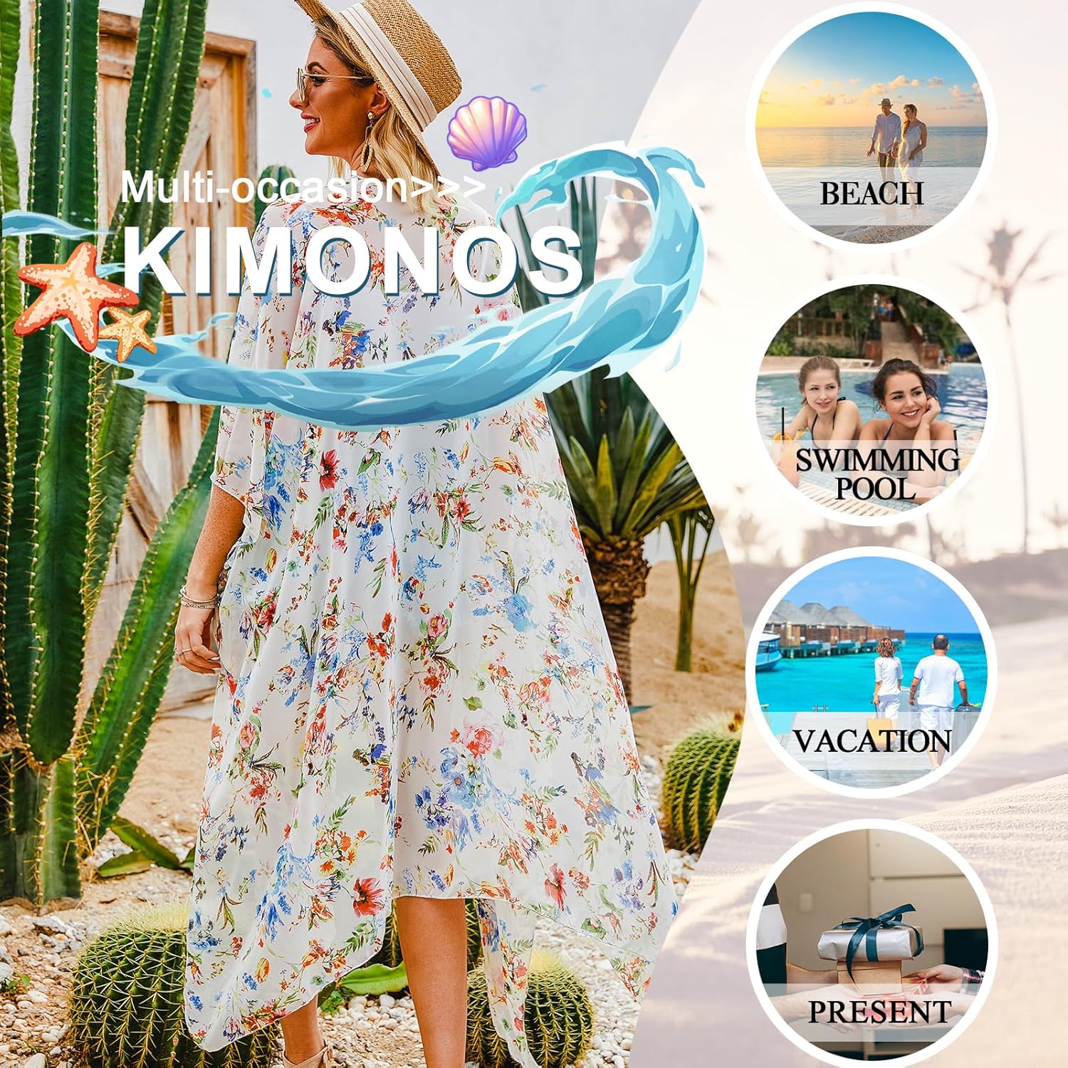 Hibluco Women's Long Floral Kimono Printed Cardigan Sheer Swimsuit Cover Ups - Image 3