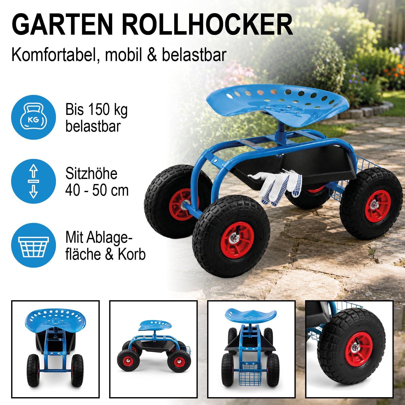 BITUXX Garten Rollhocker Hocker Arbeitshocker Sitzhocker Gartenhocker Gartenarbeit mit Ablage und Korb bis 150kg mit Luftbereifung