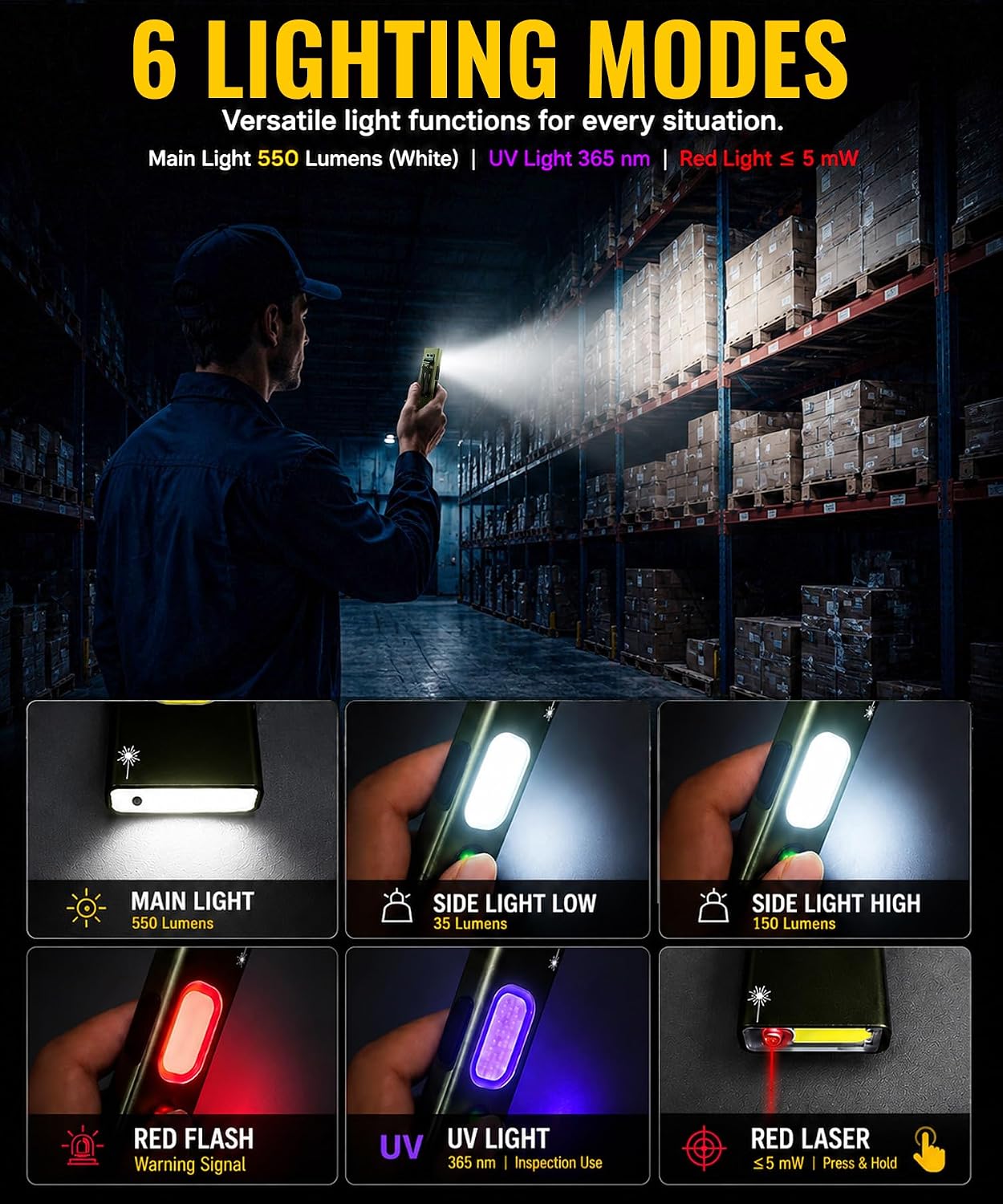 Flat EDC Flashlight Rechargeable Pocket Light with Red Laser and UV