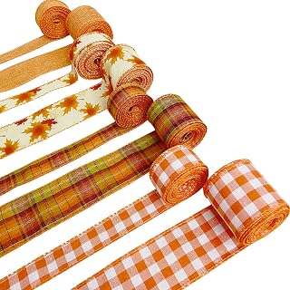 8 Rolls 40 Yards Fall Plaid Ribbon Wired Edge Ribbon Fall Leaves Ribbon Wrapping Craft Ribbon for Thanksgiving Farmhouse Wreath Bows Crafting Supplies