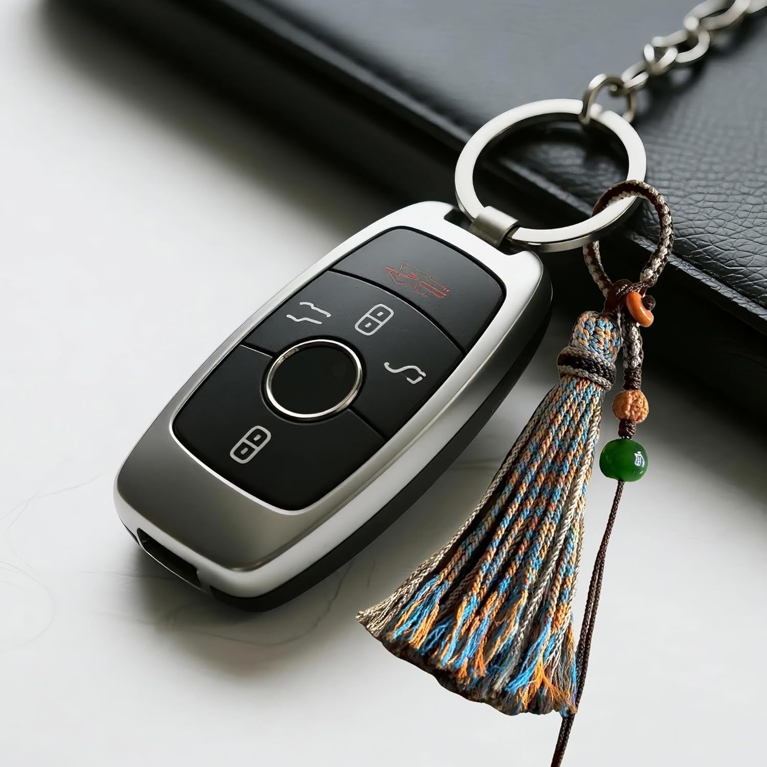 Handmade Tibetan Yarn Tassel Keychain, Boho Phone Chain with Amber & Jade Beads, Pendant Decoration for Car Keys/Backpacks. - Image 6