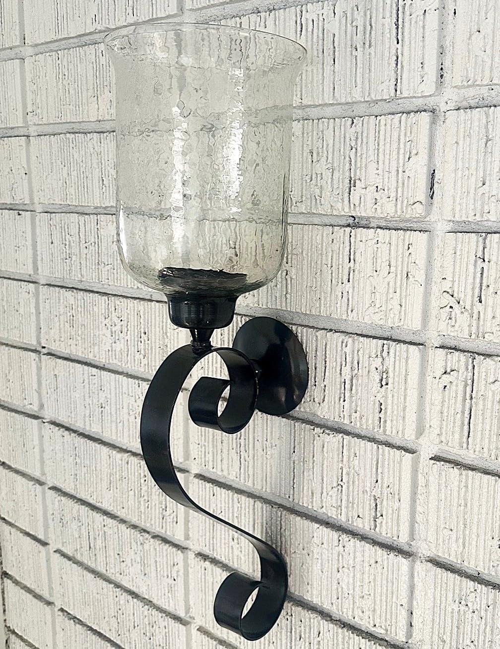 Metal Wall Sconce Pillar Candle Holder Scroll Design with Tanslucent Hurricane Chimney 23" H