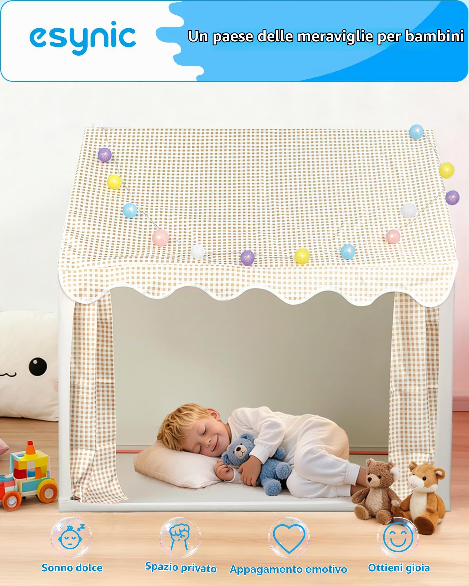 eSynic Tenda da Gioco per Bambini con Luci LED Decorative, Casetta Stanza di Attività Giochi con 2 Finestre per 2-3 Piccoli, Angolo da Lettura Studio, Facile da Montare - Beige a Quadri