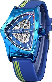 Skelettuhr für Herren, automatische mechanische Uhr mit dreieckigem Zifferblatt, leuchtend, selbstaufziehend, Edelstahl-Armband oder weiches Silikon-Armband