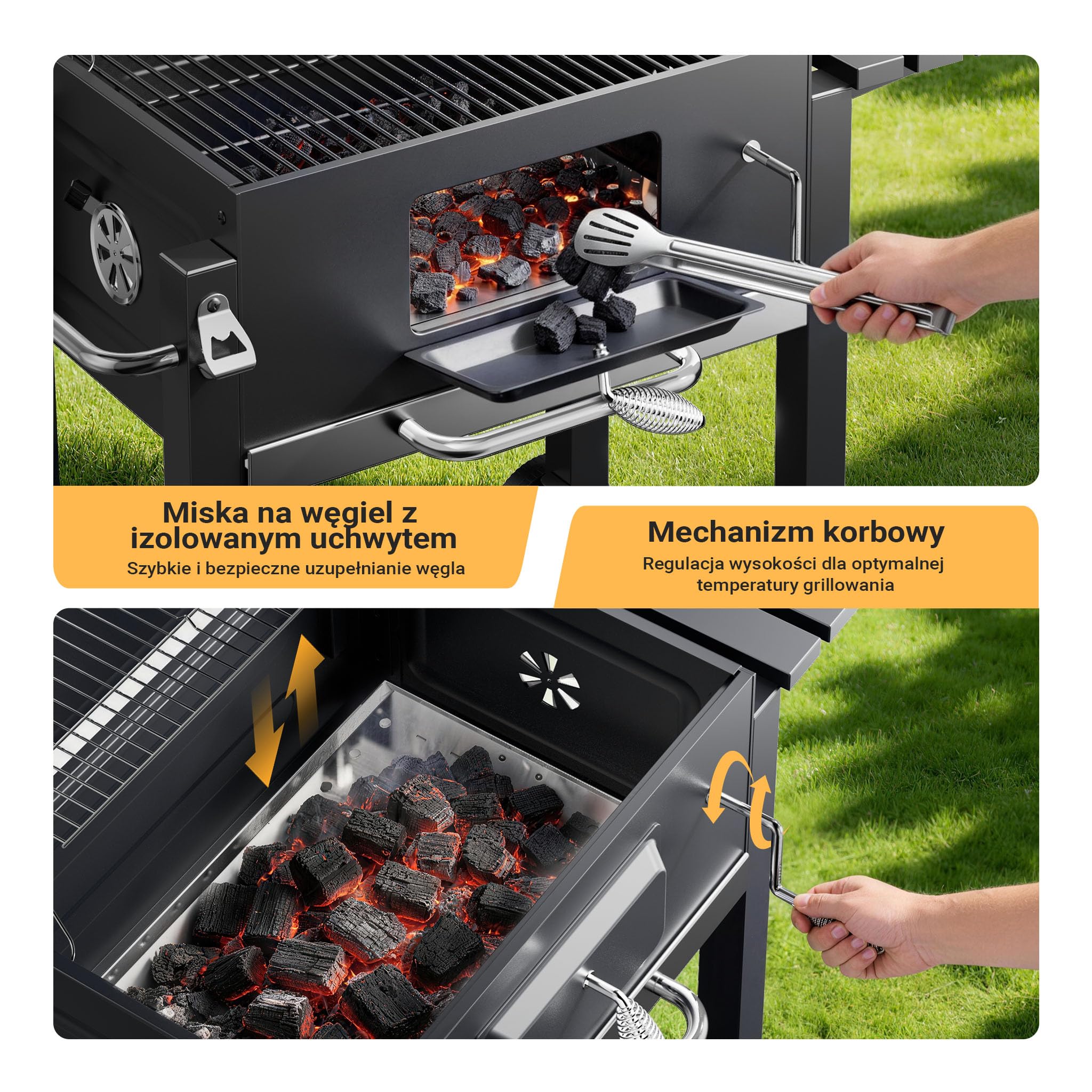 Wiltec Grill węglowy z pokrywą, termometrem i regulacja wysokości półki, prostokątny mobilny grill stojący ze stali do grillowania w ogrodzie