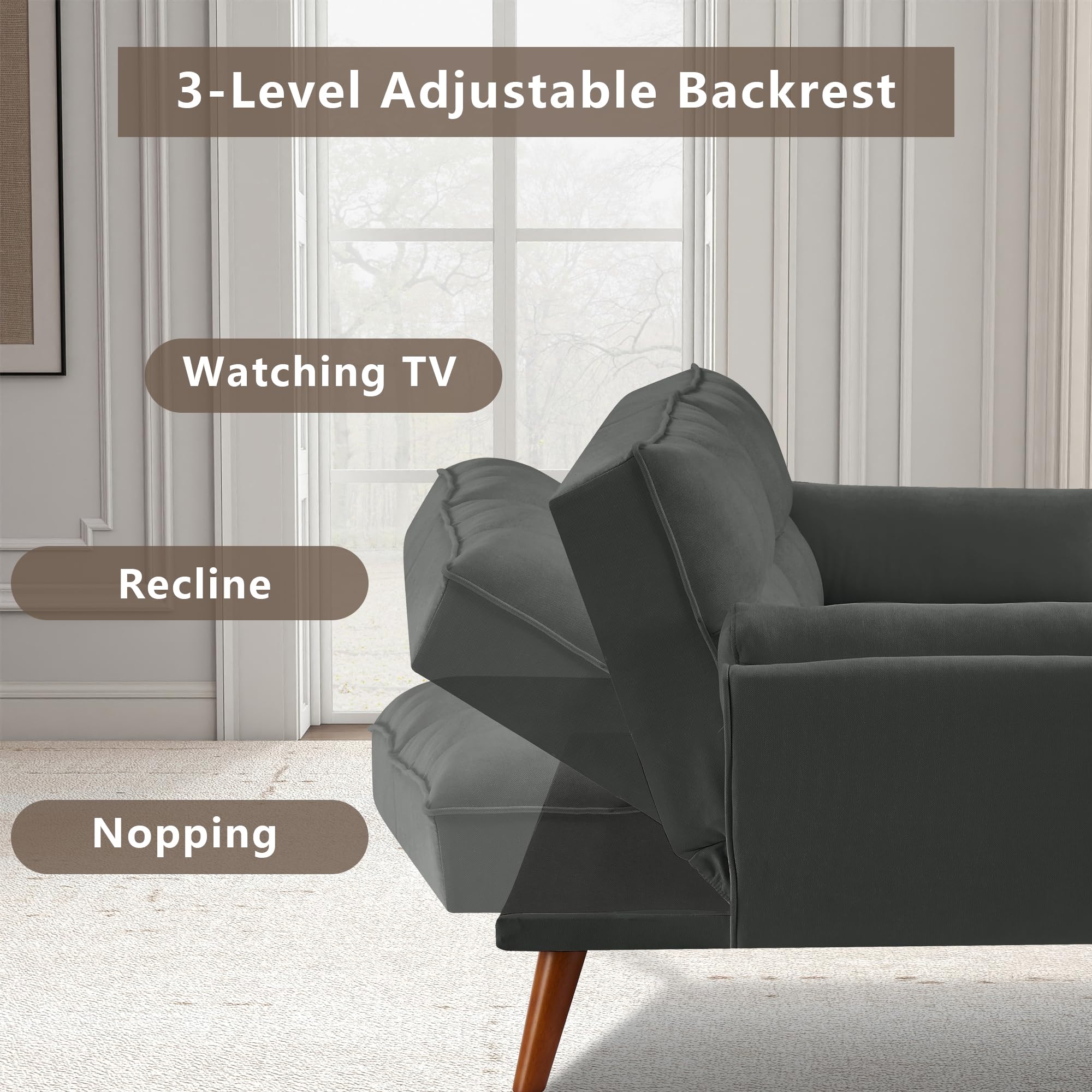 Futon Sofa Bed Modern Convertible Sleeper Sofa, 75” Linen Twin Size Futon Couch Comfy Recliner Sofa Couch with Adjustable Split Backrest for Living Room Small Spaces, Dark Grey