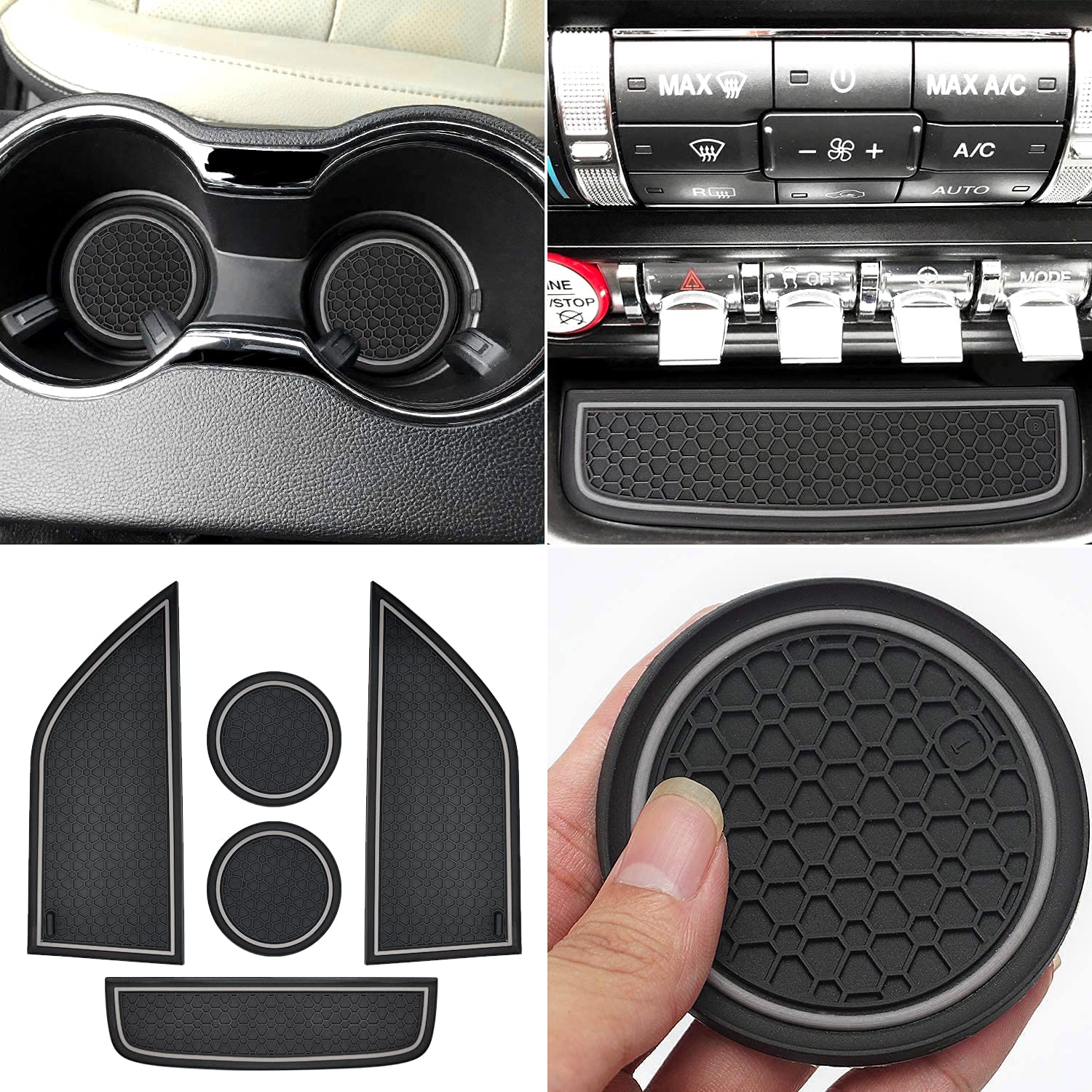 Auprite Non-Slip Mats for Mustang Accessories 2015-2023, Custom Fits Cup Holder Liners Mats Door Pocket Center Console Liners,5Pcs (Gray)