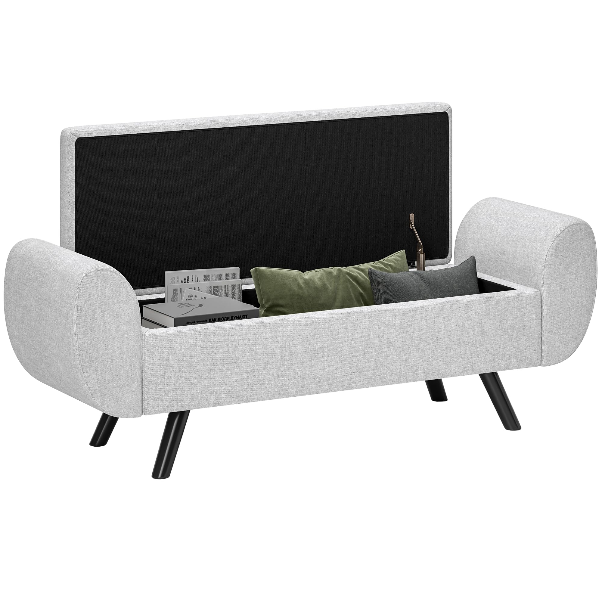 HOMCOM Panca Contenitore Fondo Letto con Braccioli, Pouf in Tessuto con Gambe in Legno e Vano da 53.8L, per Camera e Salotto, 132x42x50 cm, Grigio