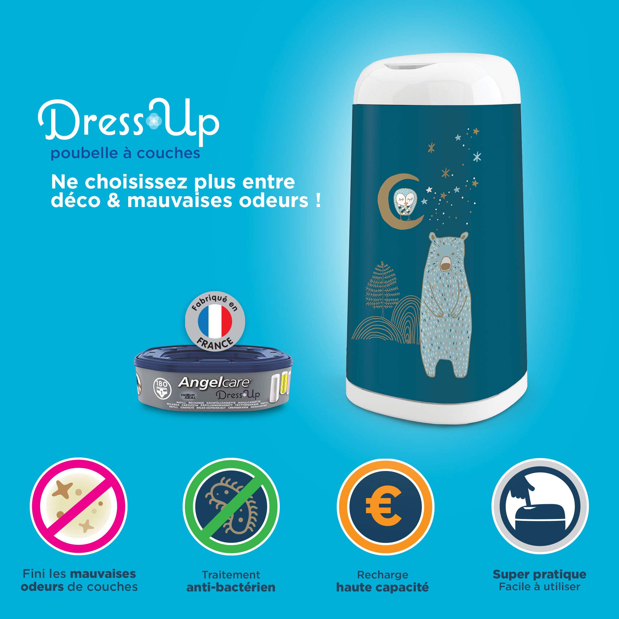 Angelcare Poubelle à Couches + 3 Recharges Anti Odeurs/Grande Capacité Antibactérien Usage Simple Dress Up, Blanc
