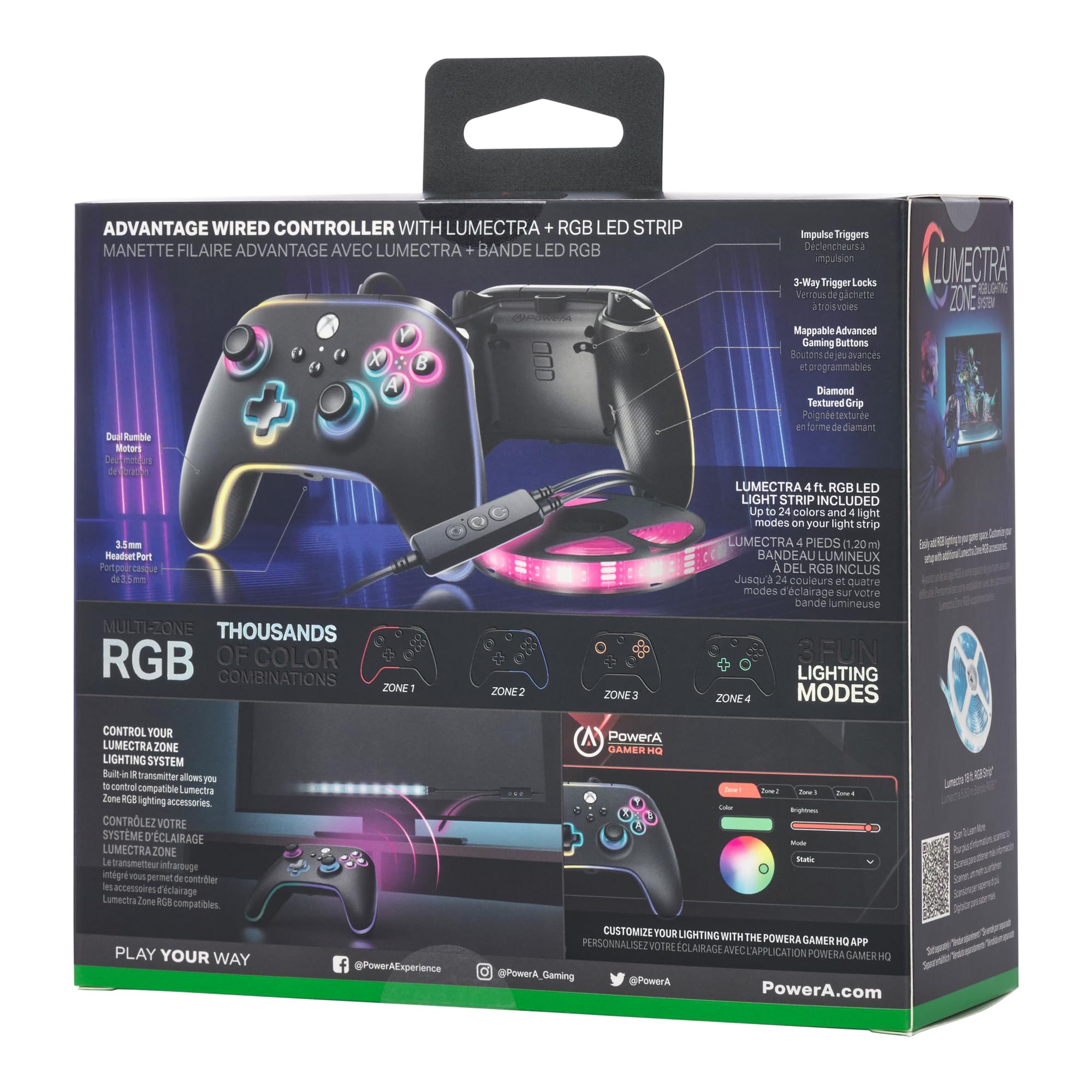 PowerA Controller cablato Advantage per Xbox Series X|S con Lumectra + Striscia LED RGB: nero, gamepad, controller per videogiochi cablato, controller di gioco, Xbox One, con licenza ufficiale