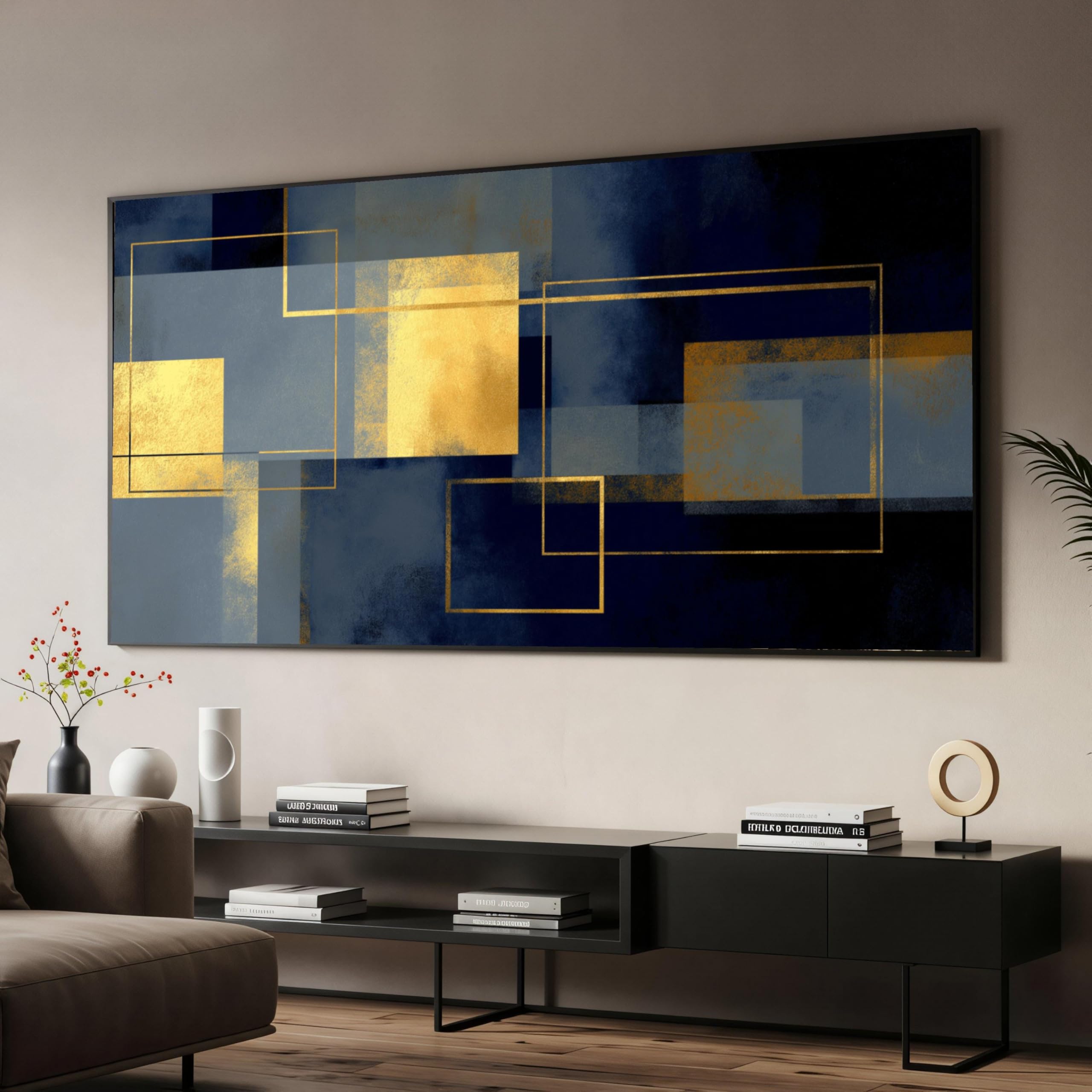 LMYCHENG Geometryczny abstrakcyjny obraz, złoty kwadrat i granatowy, minimalistyczny obraz na płótnie do salonu lub sypialni (45 x 80 cm/rama wewnętrzna)