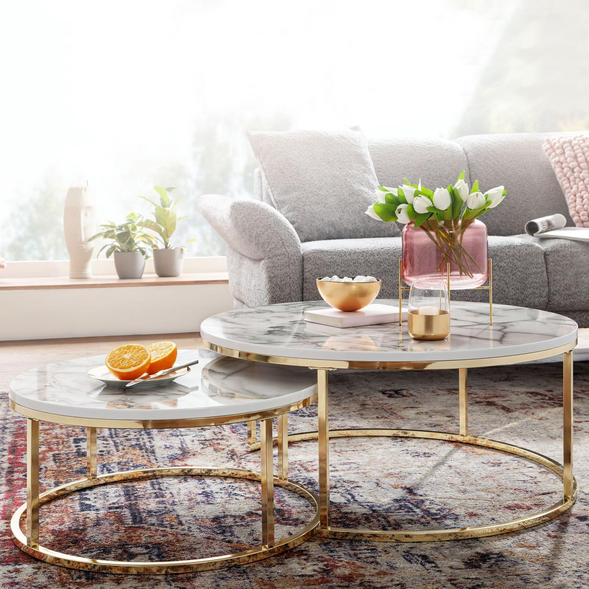 Wohnling Couchtisch 2er Set Weiß Gold Marmor Optik Sofatisch Rund Modern, Couchtische 2-teilig Metall, Runde Wohnzimmertische, Design Satztische