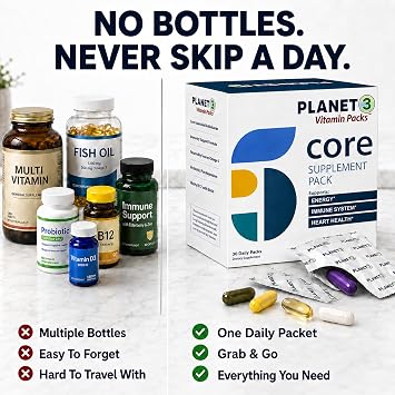 Daily Vitamin Packs for Men & Women Immune, Energy & Heart Support with Vitamin D3, Omega-3, Probiotics, Methyl B12 & Vitamin C Multivitamin with Lutein Planet 3 Vitamin Packs, 30 Packets