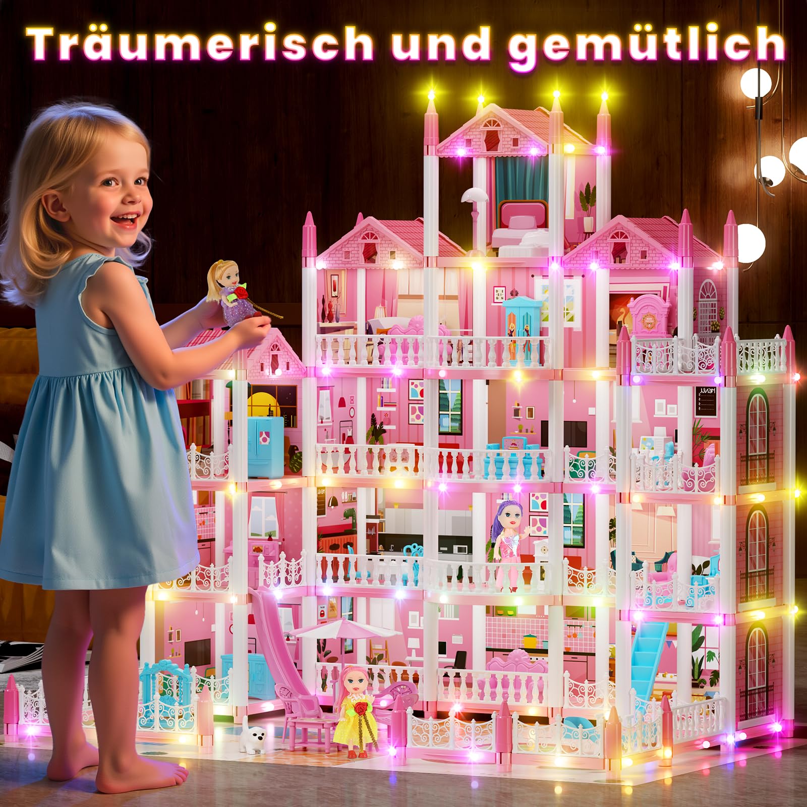 5-stöckiges Puppenhaus mit 19 Zimmern und Zubehör, LED-Licht, Puppen, Spielmatte, Haustier-Spielhaus – Spielzeuggeschenk für Mädchen ab 3-13 Jahren