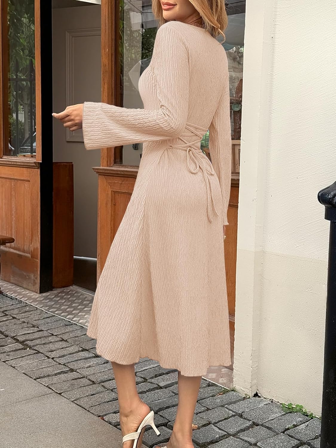 Cicy Bell Womens Sweater Dress Square Neck Maxi Dress Long Sleeve Tie Waist Fall Winter Wedding Guest Knit Midi Dresses - Image 3