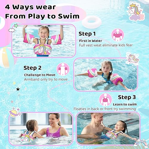 Miniatura 3 de Vvinca Chaleco de natación separable para niños pequeños de 22 a 66 libras (1 a 6 años) Flotador de piscina 3 en 1 y bandas de brazo para niños y