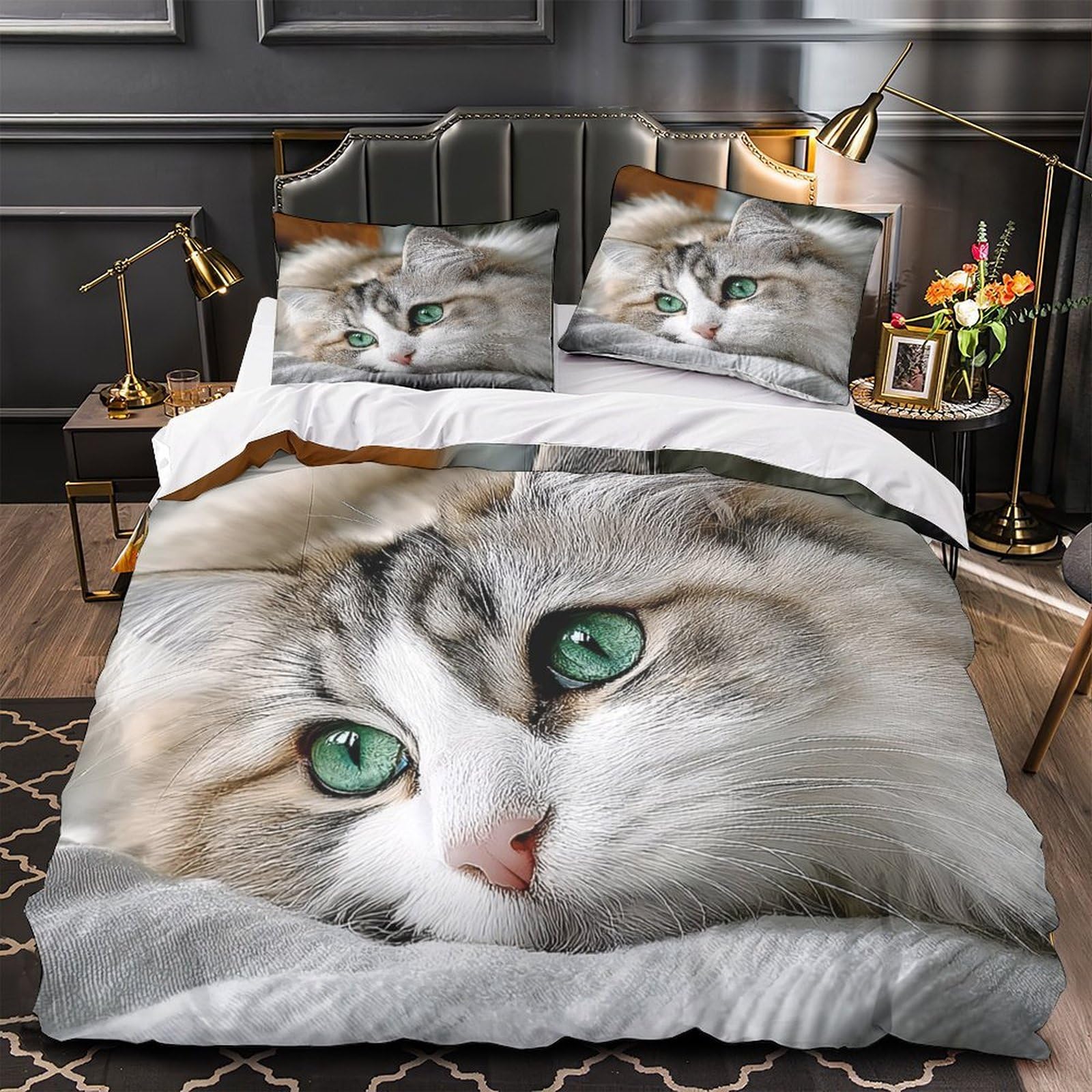 Housse de couette chat 3 pièces 220x240 hypoallergique avec taie d'oreiller super douce