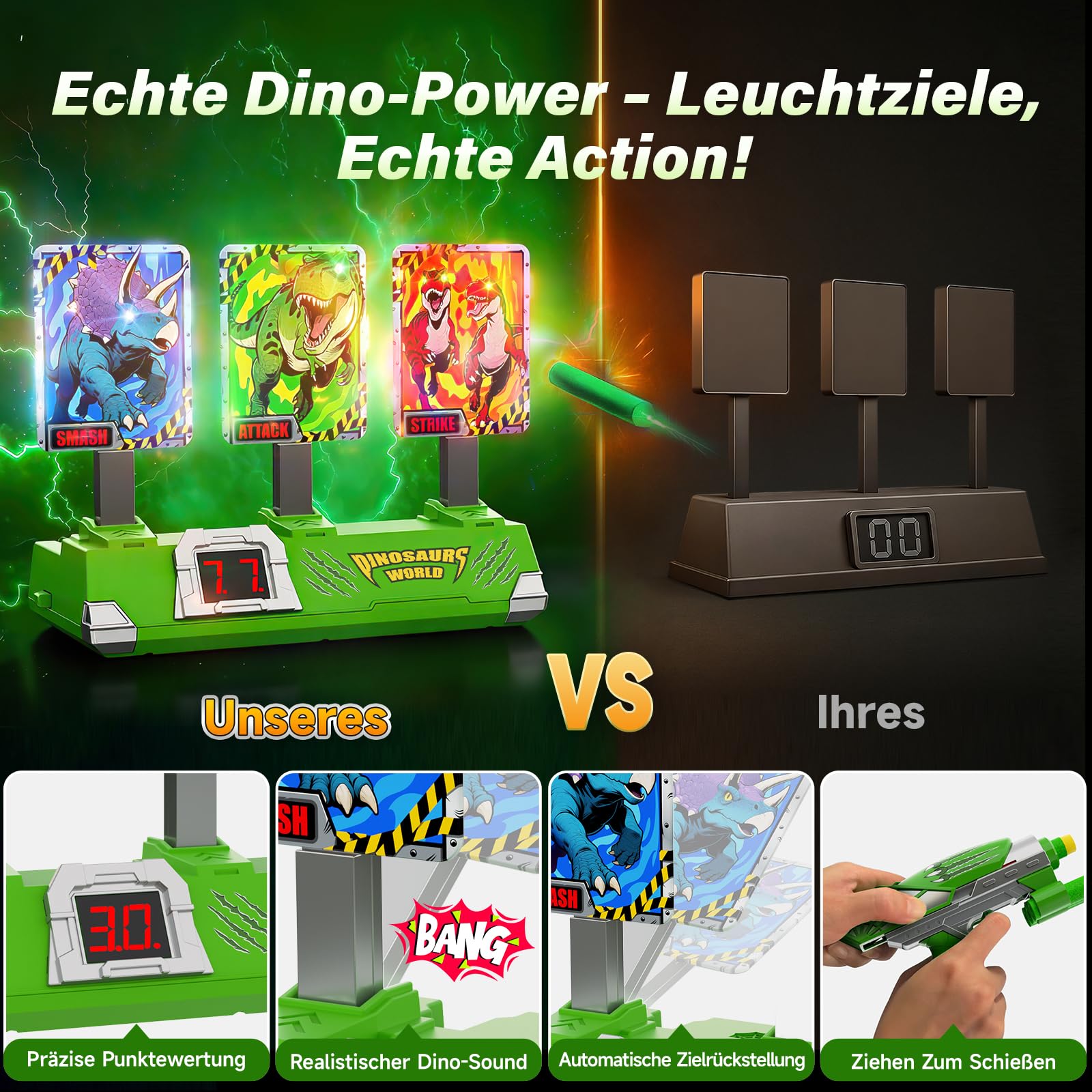 Dinosaurier Spielzeug ab 3-12 Jahre Jungen, Leuchtend Elektrisch Digitale Zielscheibe mit Pistole, Geschenk Junge 4 5 6 9 7 8 9 Jahre Dino Kinderspielzeug Outdoor Garten Spiele Geburtstag Geschenke