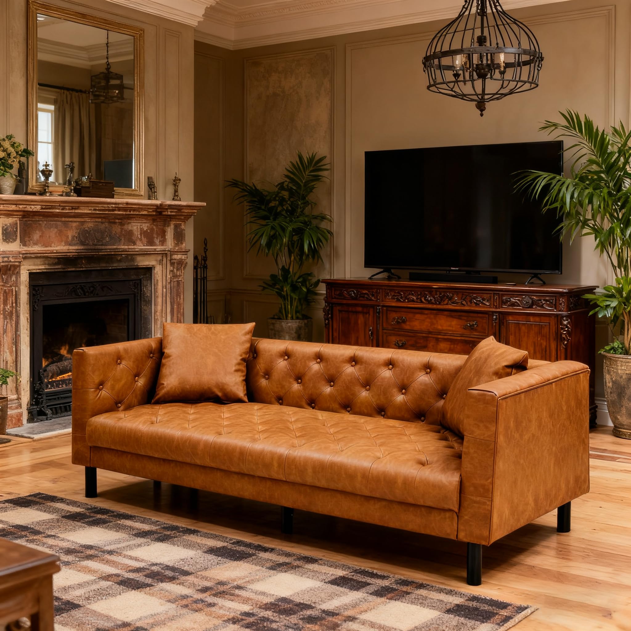 HarmoHaby 81” Modern Leather Couch for Living Room, Deep Seat 3-Seater Sofa with Tufted Design, PU Leather Chesterfield Sofa with Wooden Frame, Comfy