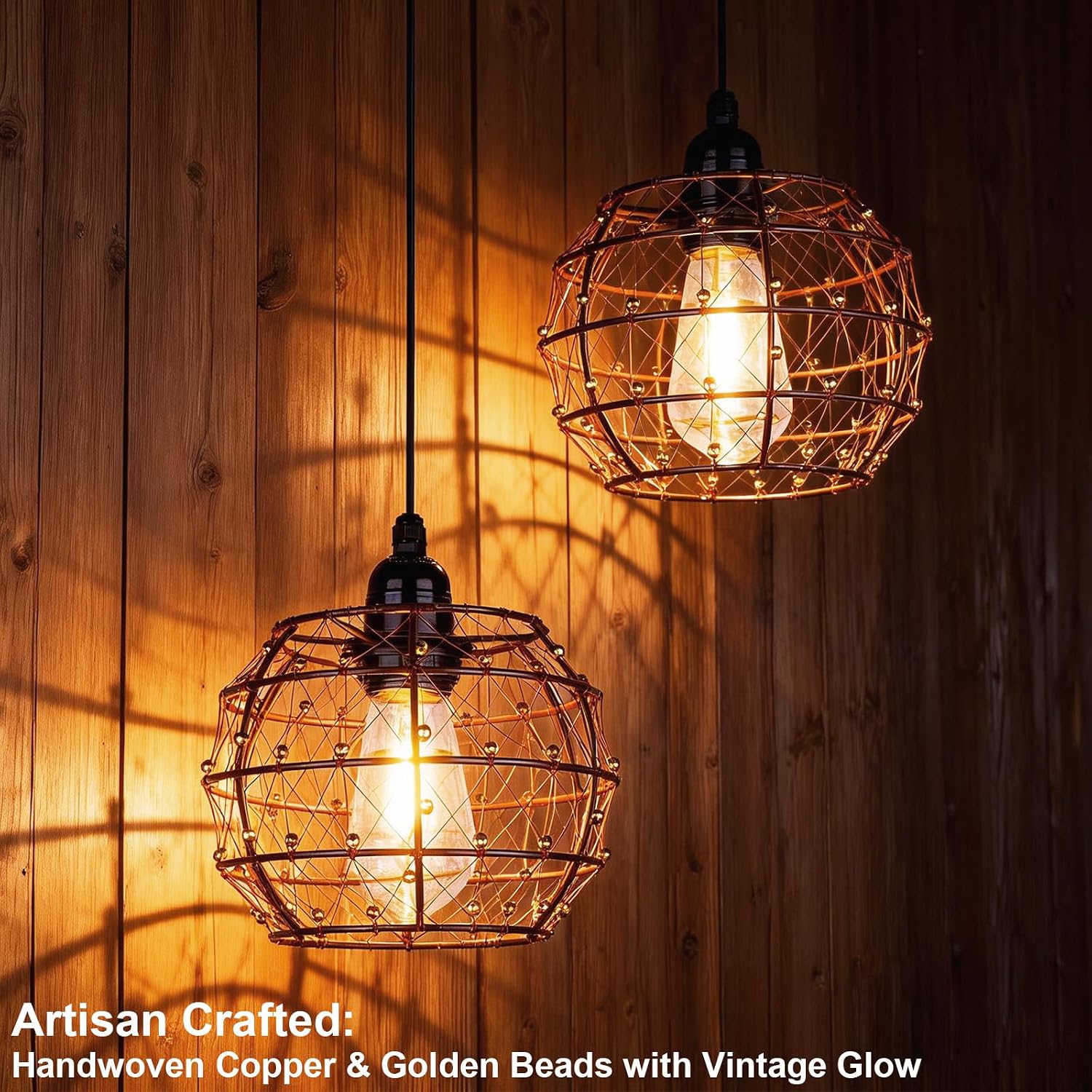 Battery Operated Outdoor Chandelier, 2Pack Gazebo Lights Waterproof, Beaded Copper Wire Drum Shape Hanging Pendant Lights with Remote for Gazebo, Pergola, Porch, Ceiling Indoor Outdoor Decor Lighting