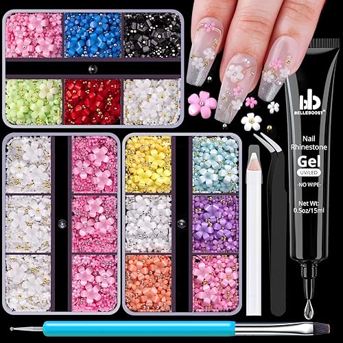 Flores 3D, kit de manicura con gel de pegamento de diamantes de imitación, coloridos dijes de uñas acrílicas con cuentas de caviar, diamantes de