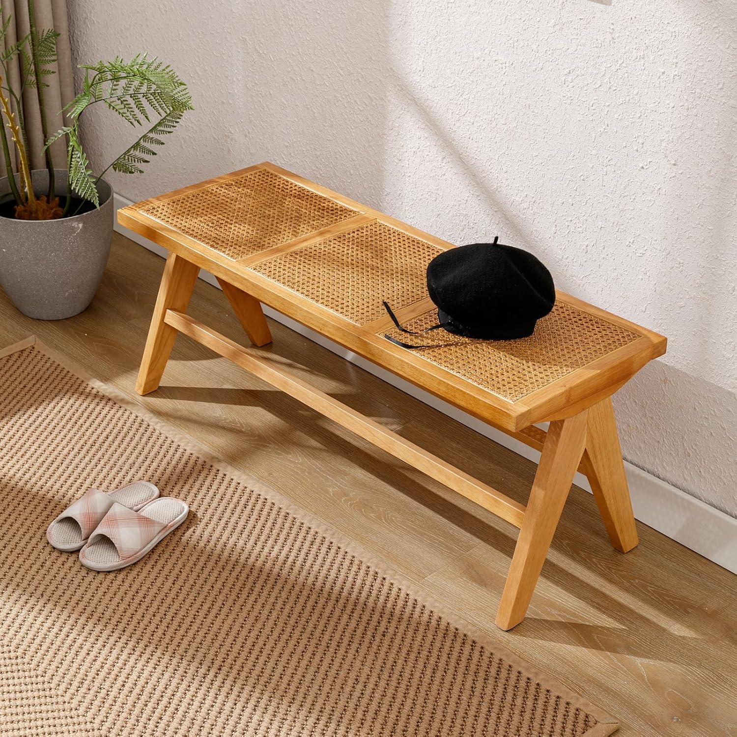 45” Natural Rattan Entryway Bench Wicker Wood and Cane End of Bed Bench Farmhouse Wooden Bench with Footrest for Cane Bench Seat for Bedroom Hallway Foyer Living Room