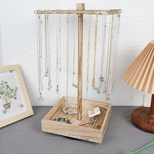 Miniatura 6 de UCUDI Soporte giratorio de madera para collares, organizador de joyas, soporte de exhibición para vender, torre de exhibición de joyas para collar y