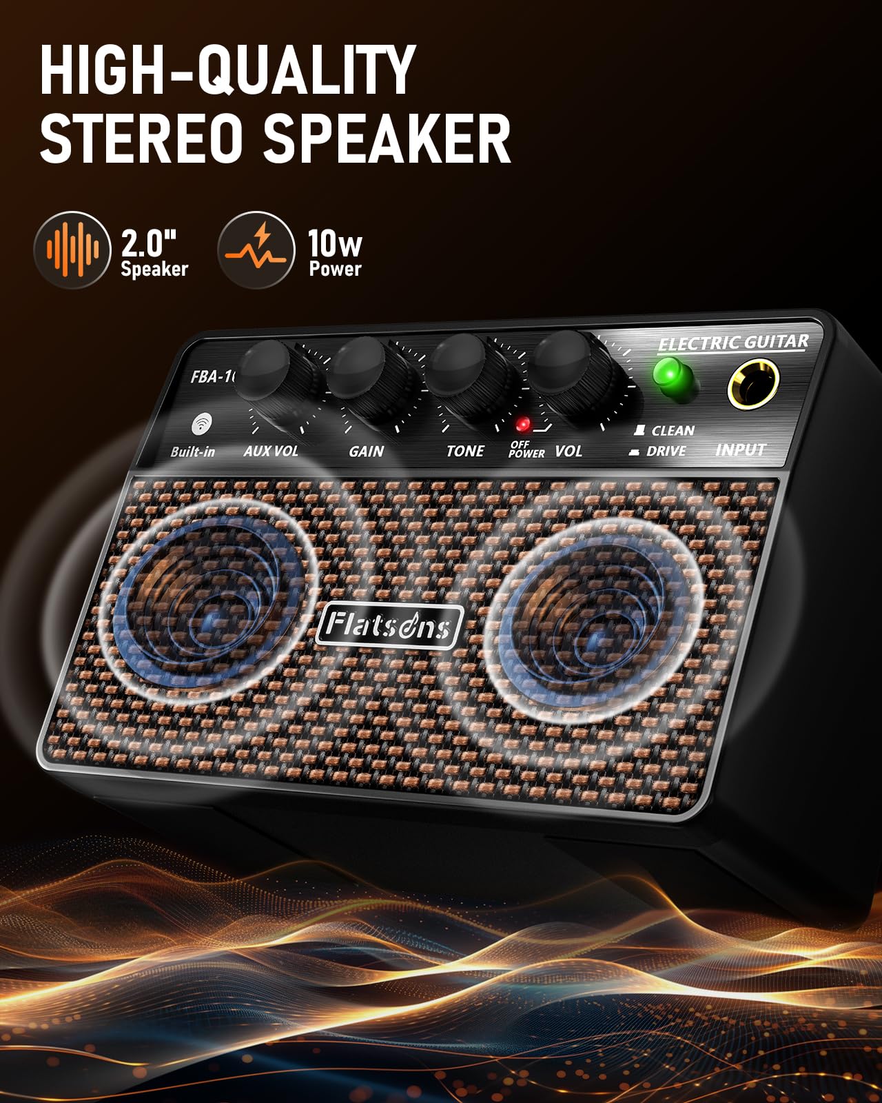 Flatsons FBA-10 Guitar Amp, 10W Mini Electric Guitar Amplifier with Clean/Drive Channel, 6H Working, USB-C Rechargeable, 3.5mm Headphone/AUX Jack, Wireless Portable Amp for Indoor Practice, Small Gig - Image 3