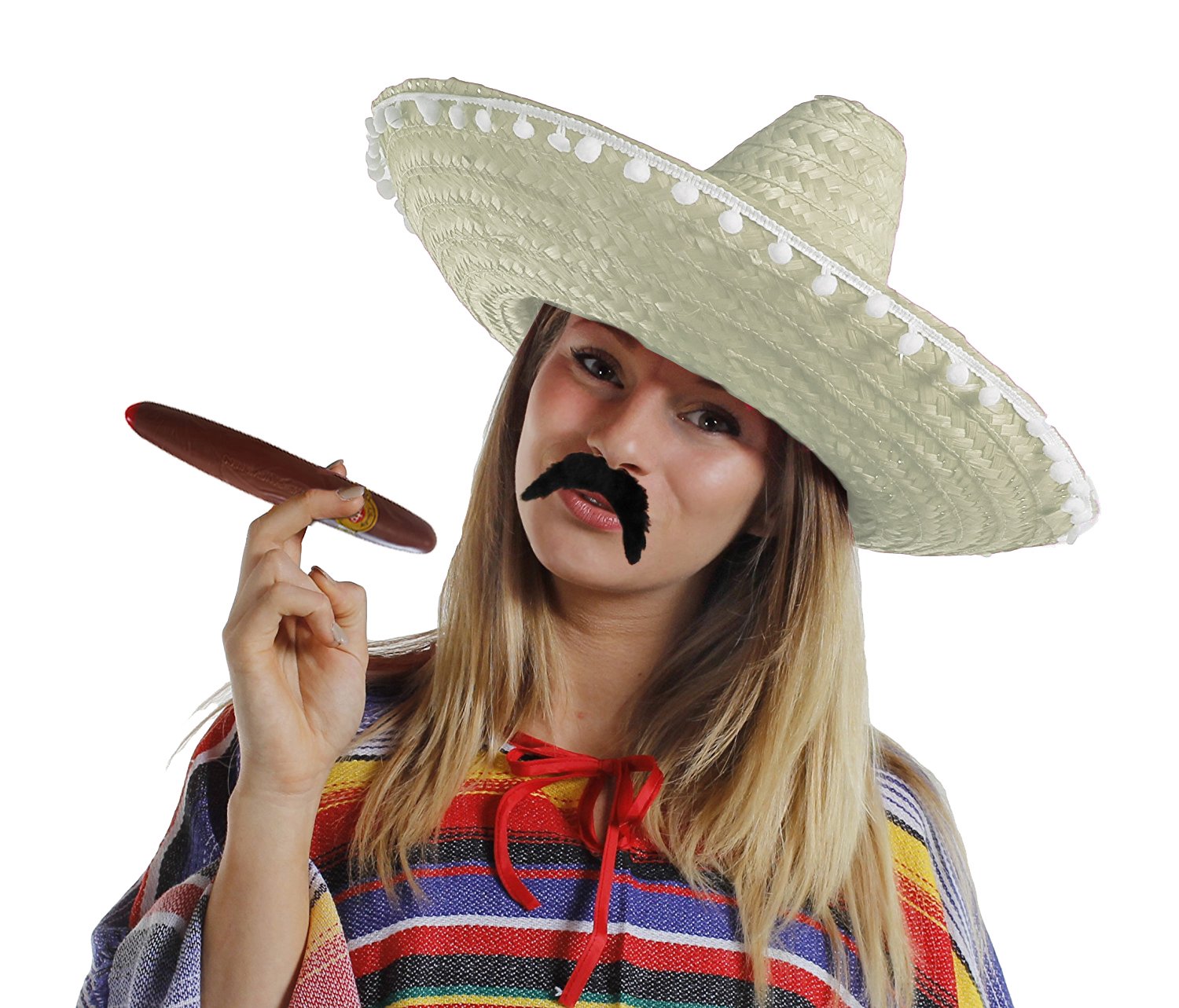 I LOVE FANCY DRESS 6X NATURAL MEXICAN SOMBRERO HATS PLUS 6X MOUSTACHE PLUS 6X FAKE JUMBO CIGAR STRAW — image 1