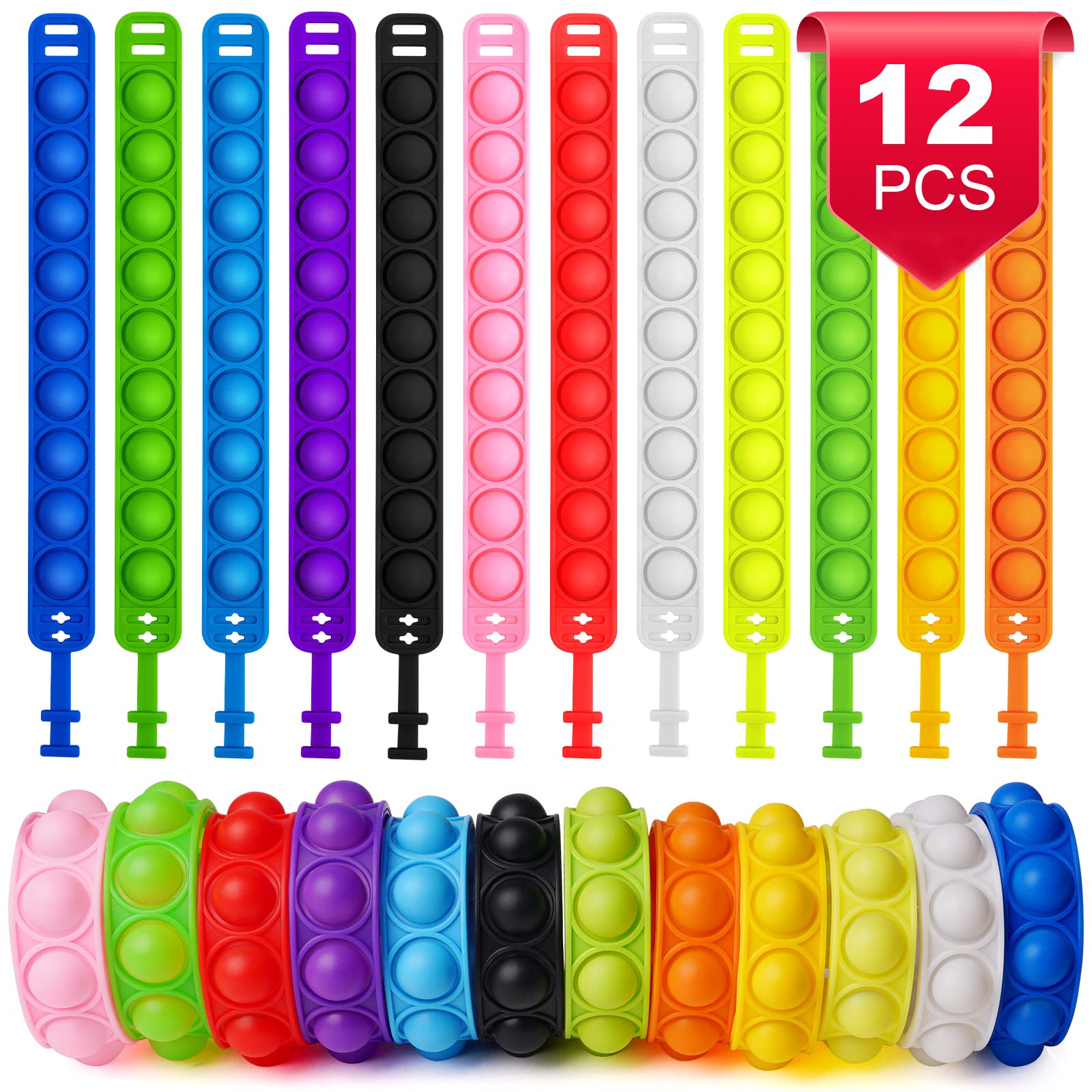 Ainiv 12PCS Fidget Bracelet Toys, Silicone Push Pop Bubble Wristband, Rainbow Multicolor Stress Relief Hand Finger, Poppet Sensory Fidget Bulk Hand Toys for Kids Adults ADHD OCD Anxiety Special Needs