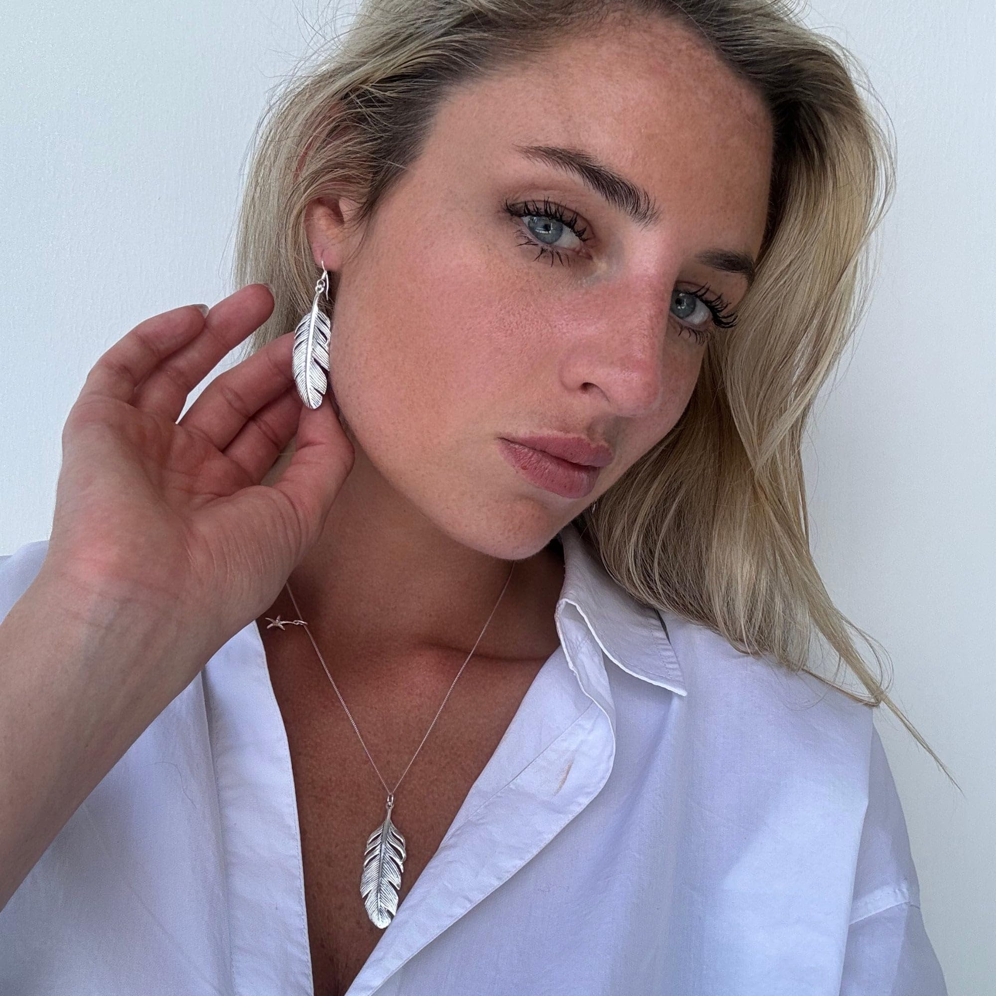 Silverly Orecchini Pendenti Extra Large con Piume in Argento Sterling 925 | Disegno a Foglia Testurizzata | Orecchini Pendenti Lunghi in Argento Massiccio | Regalo per gli Amanti della Natura