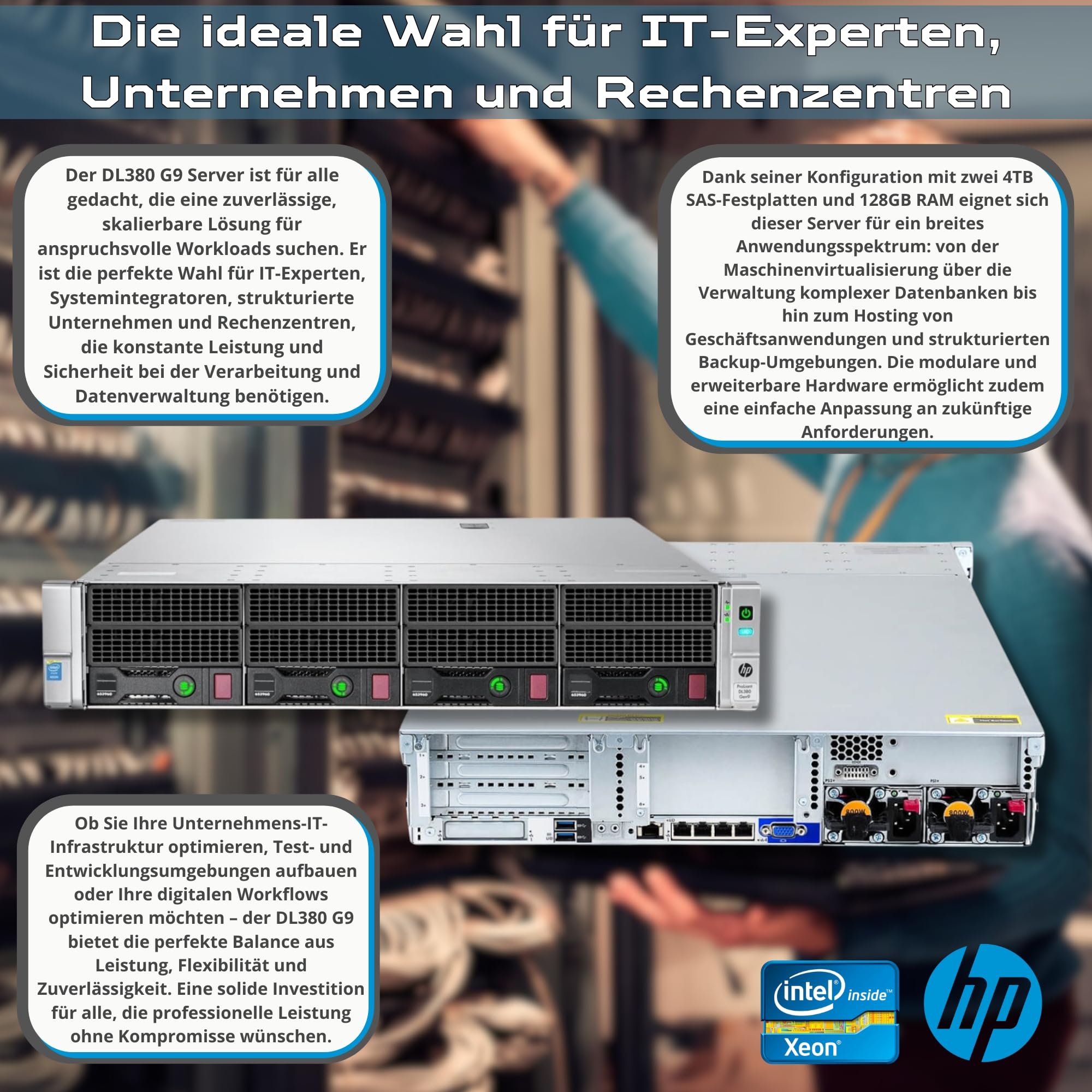 HP ProLiant DL380 Gen9 Server Rack | 2x Intel Xeon 2690 V3 | 128 GB RAM | 2x SAS 3.5" 4TB | iLO Raid Controller H840 Windows Server 2025 (Generalüberholt)