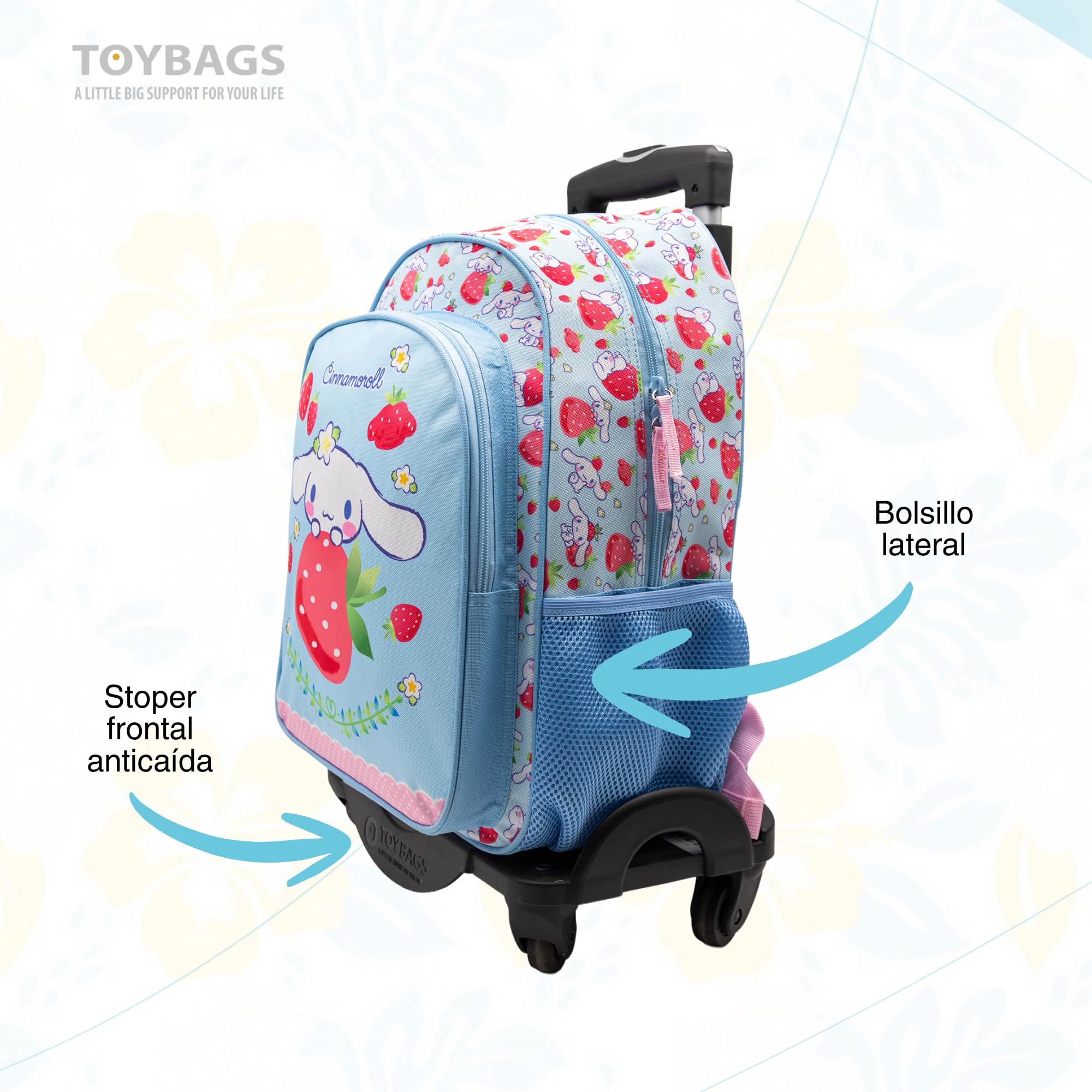 TOYBAGS Mochila Escolar Cinnamoroll -DOBLE COMPARTIMENTO-Compartimento portalaptop + CARRO NEGRO PROTECCION LATERAL Y STOPER FRONTAL 4 ruedas giratorias - 44 X 30 X 20 CM