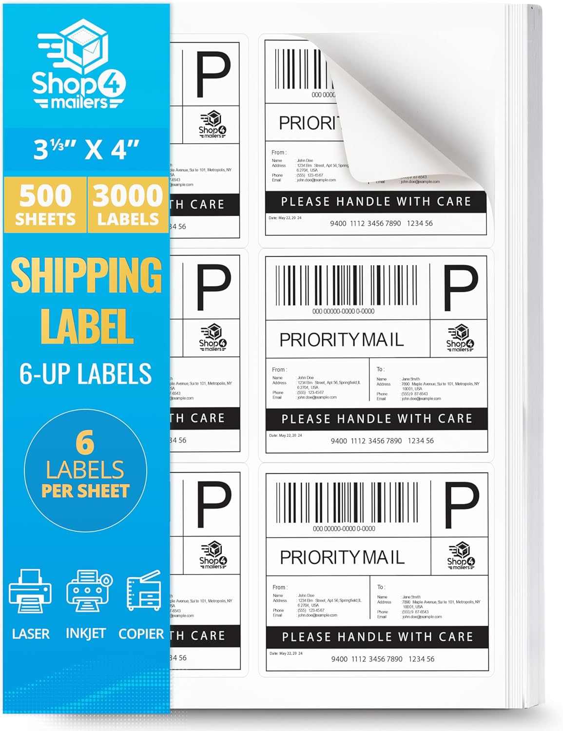 Shop4Mailers 6-Up White Permanent Self Adhesive Shipping Labels 3 1/3” x 4” Easy Peel Stickers for Laser & Inkjet Printers - 500 Sheets - 3,000 Count Labels