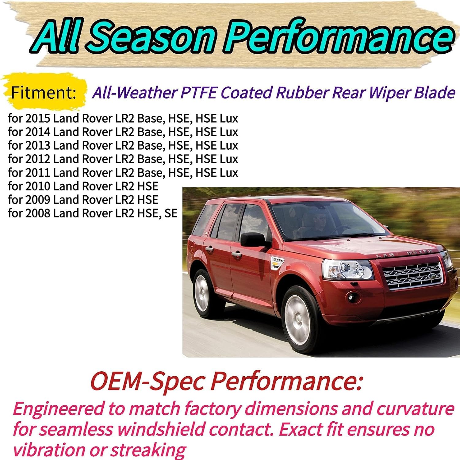 Rear Wiper Blade & Arm for Land Rover LR2 2008-2015 OEM Fit for Base, HSE, HSE Lux Models All-Weather All Season Rear Back Windshield Wiper Blade Set for 2015 2014 2013 2012 2011 2010 2009 2008